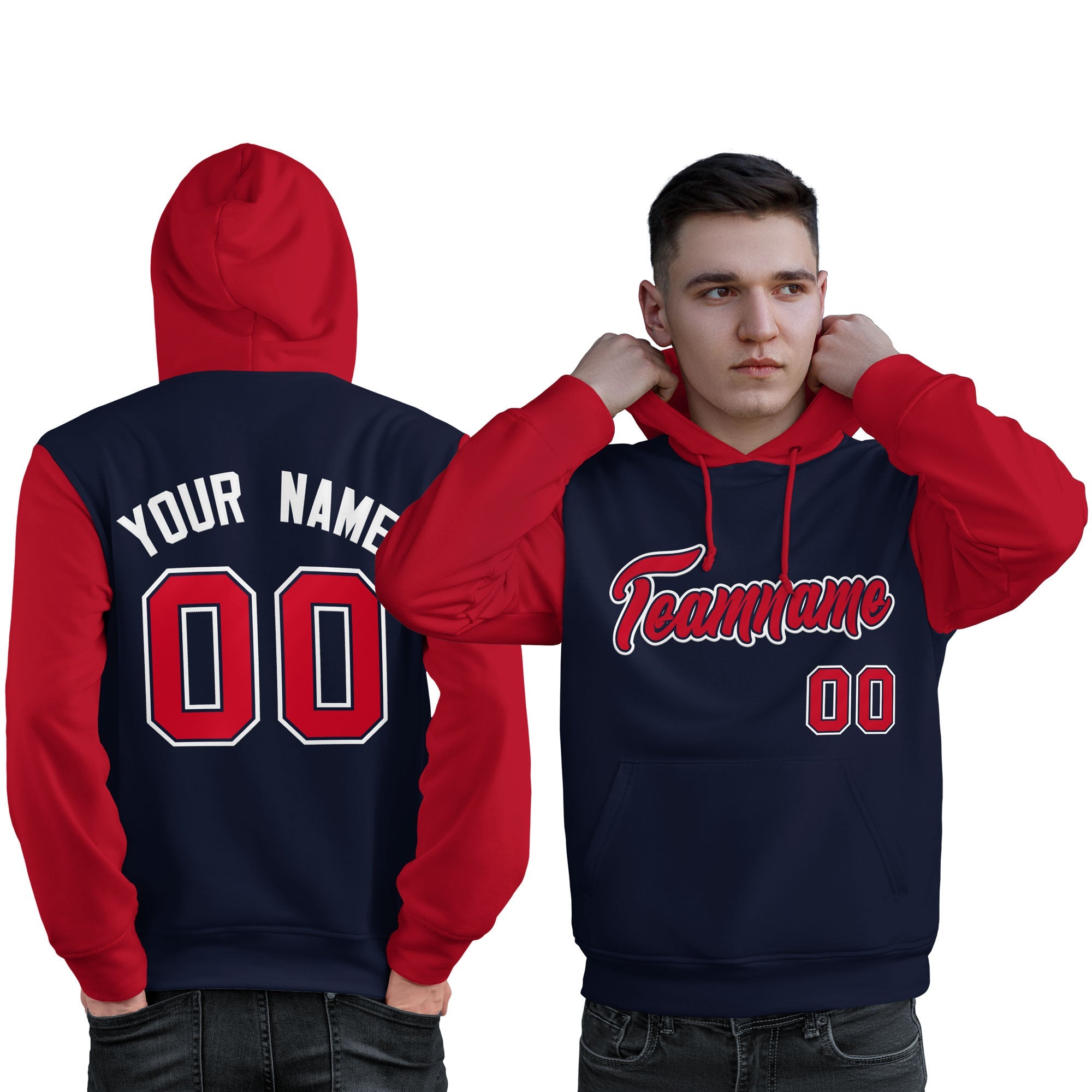 Custom Navy Red-White Raglan Sleeves Pullover Personalized Sweatshirt Hoodie