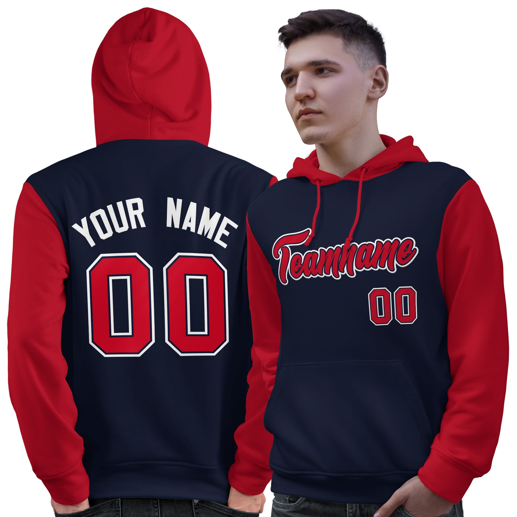 Custom Navy Red-White Raglan Sleeves Pullover Personalized Sweatshirt Hoodie