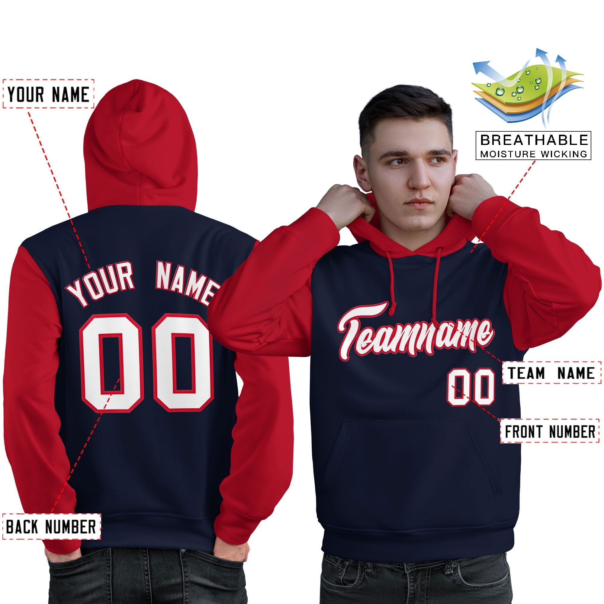 Custom Navy White-Red Raglan Sleeves Pullover Personalized Sweatshirt Hoodie