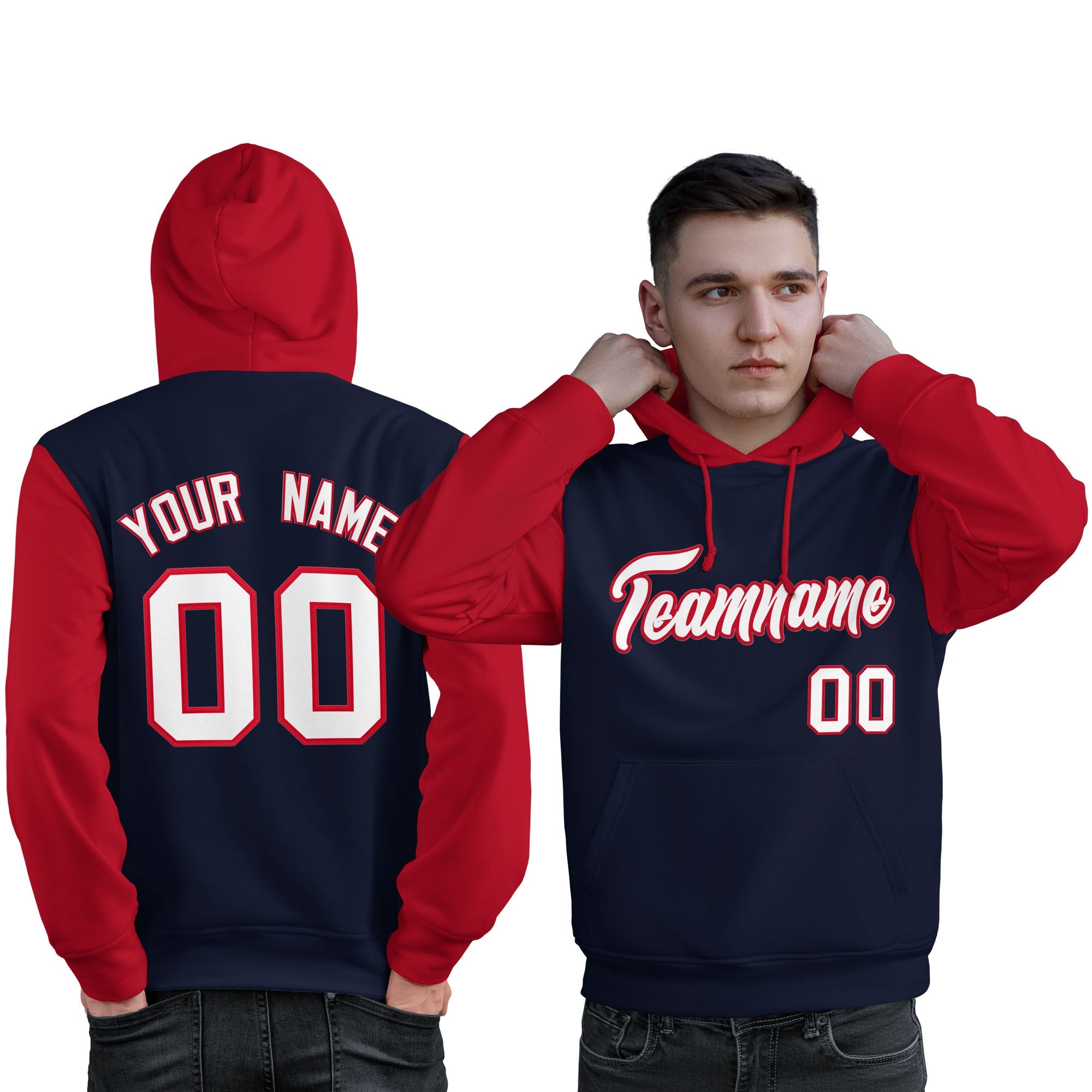 Custom Navy White-Red Raglan Sleeves Pullover Personalized Sweatshirt Hoodie