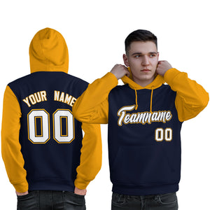 Custom Navy White-Gold Raglan Sleeves Pullover Personalized Sweatshirt Hoodie