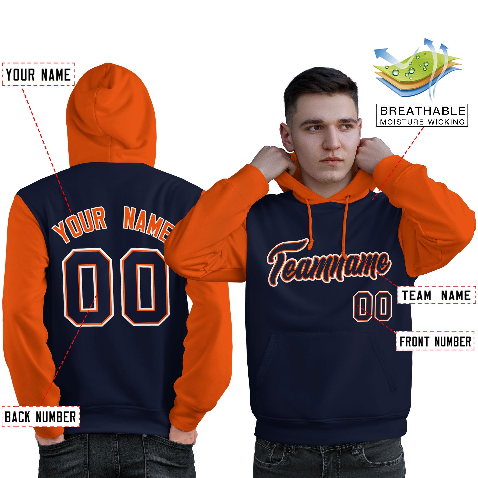 Custom Navy Orange-White Raglan Sleeves Pullover Personalized Sweatshirt Hoodie