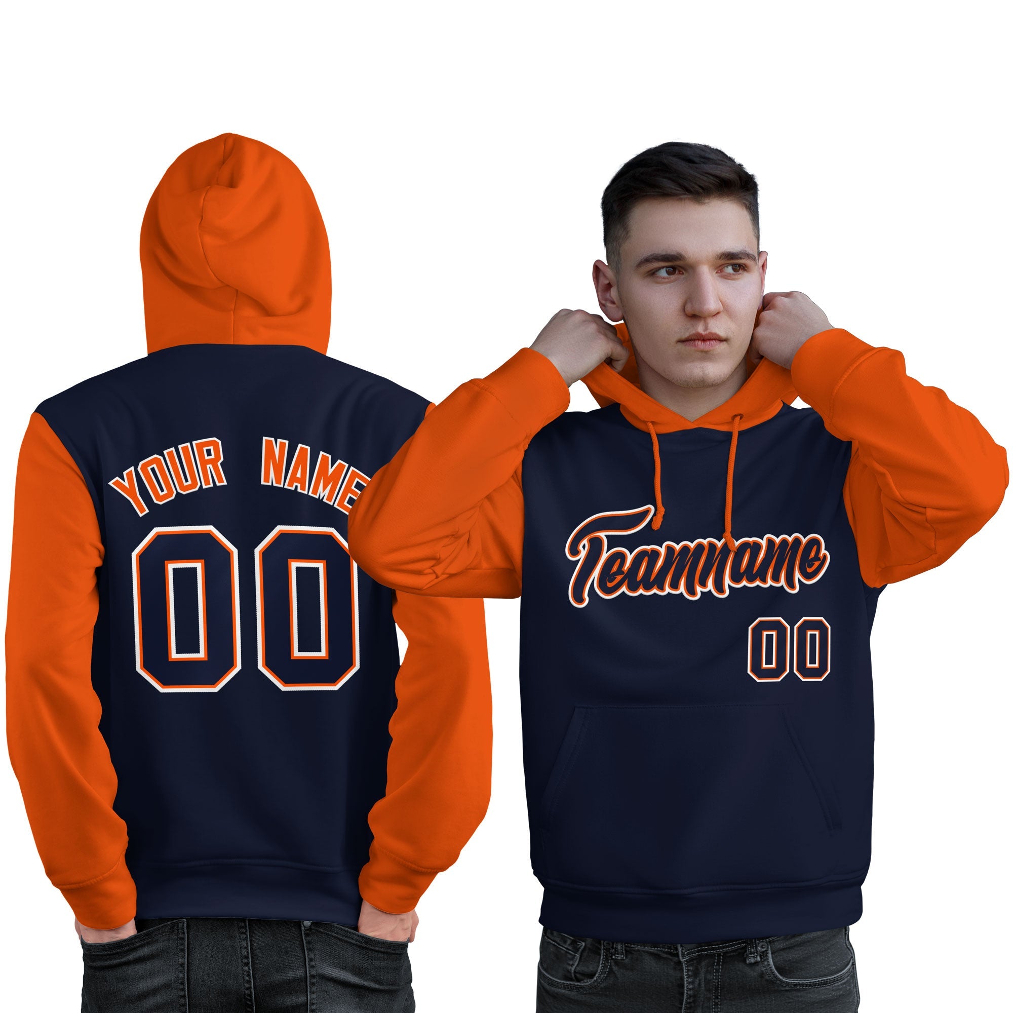 Custom Navy Orange-White Raglan Sleeves Pullover Personalized Sweatshirt Hoodie