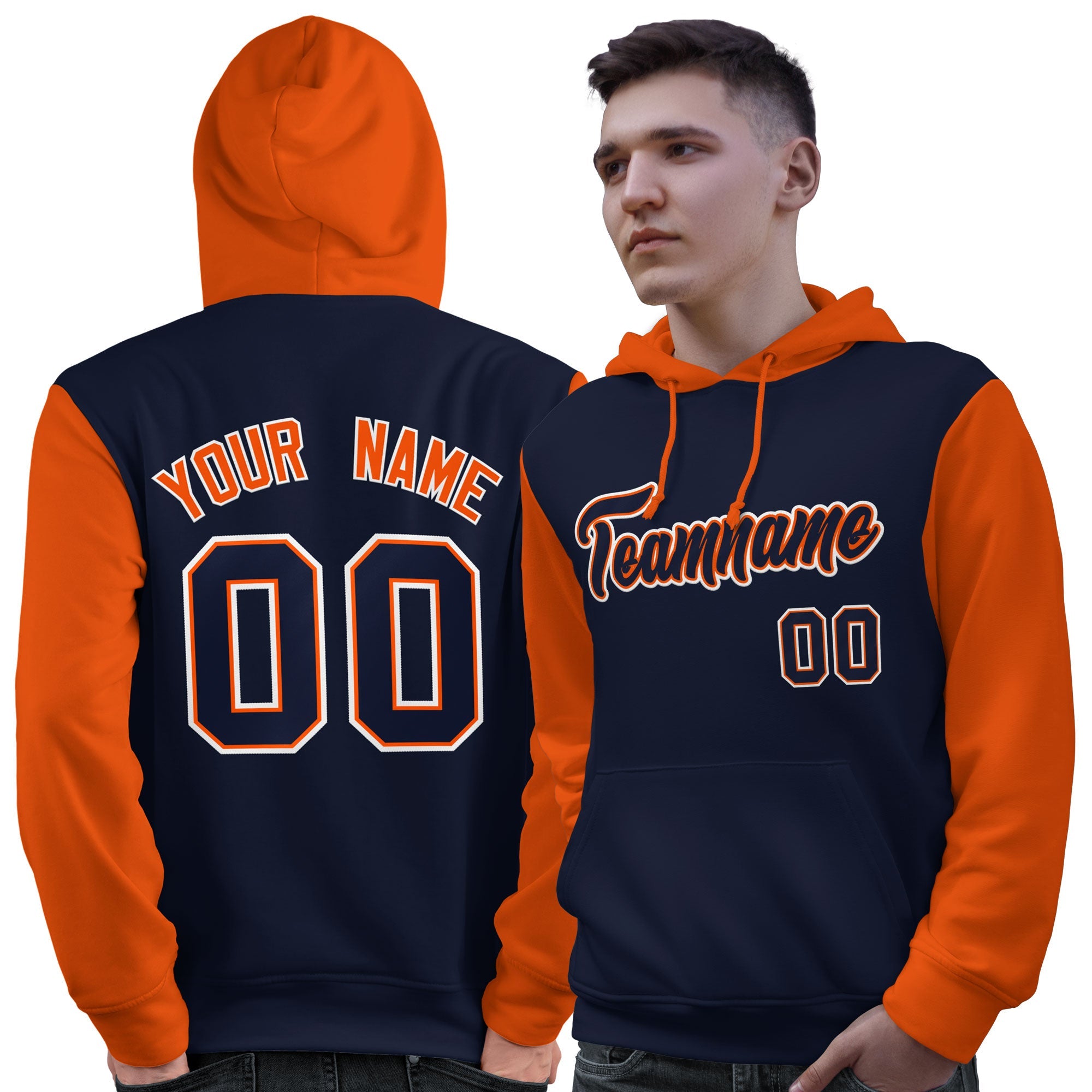 Custom Navy Orange-White Raglan Sleeves Pullover Personalized Sweatshirt Hoodie