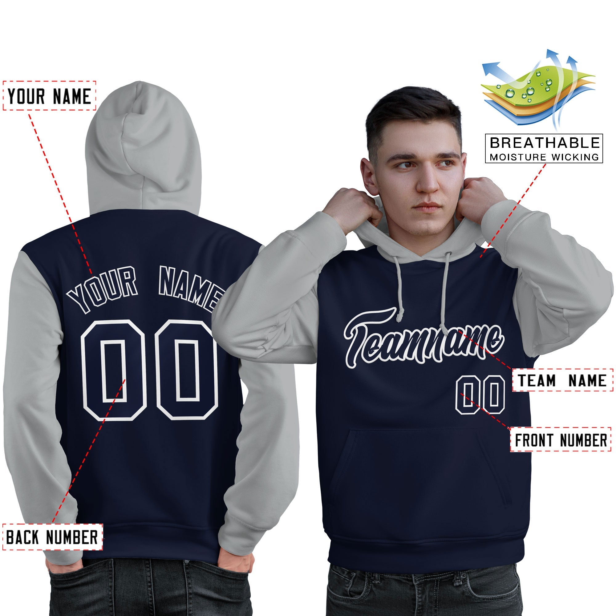 Custom Navy White-Gray Raglan Sleeves Pullover Personalized Sweatshirt Hoodie