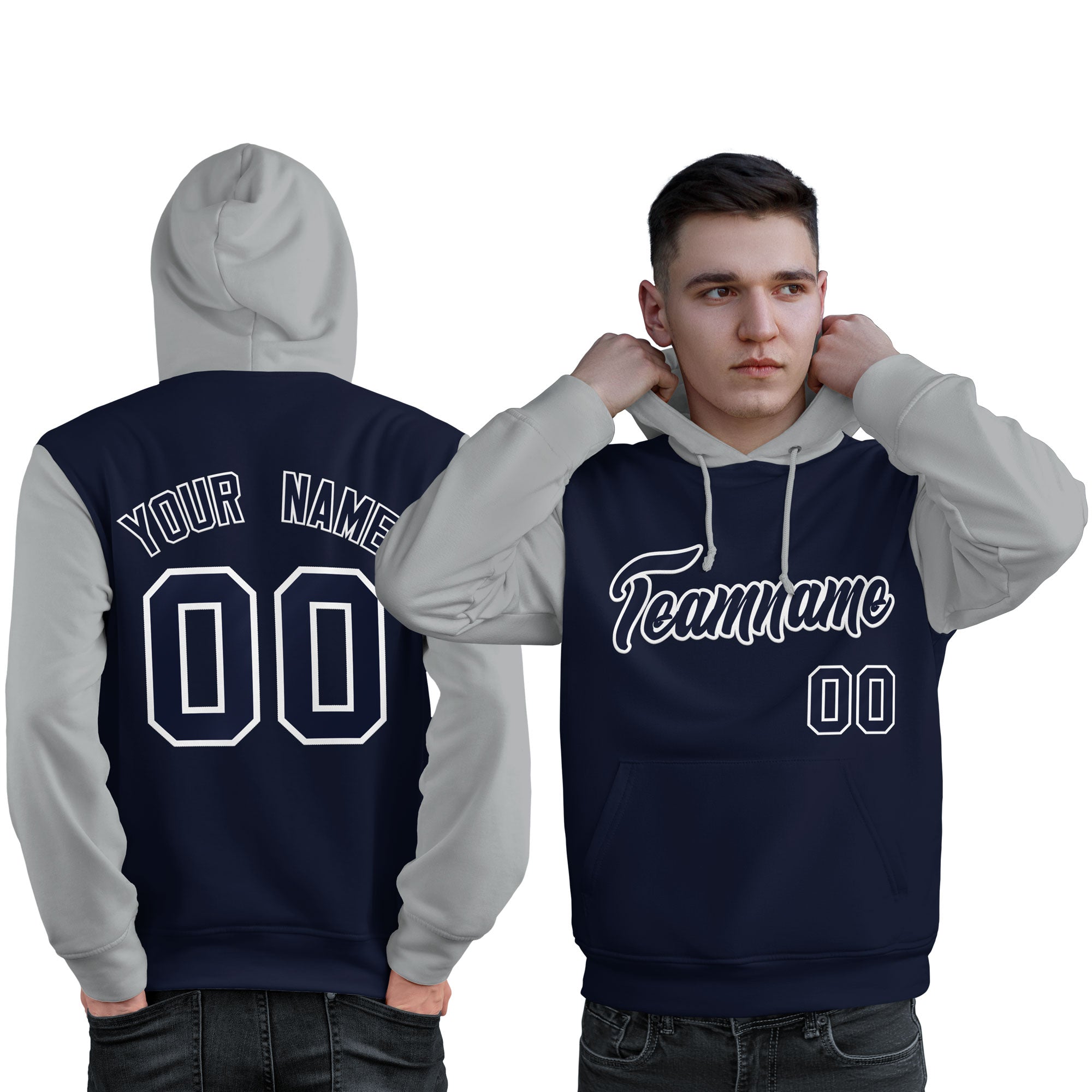 Custom Navy White-Gray Raglan Sleeves Pullover Personalized Sweatshirt Hoodie