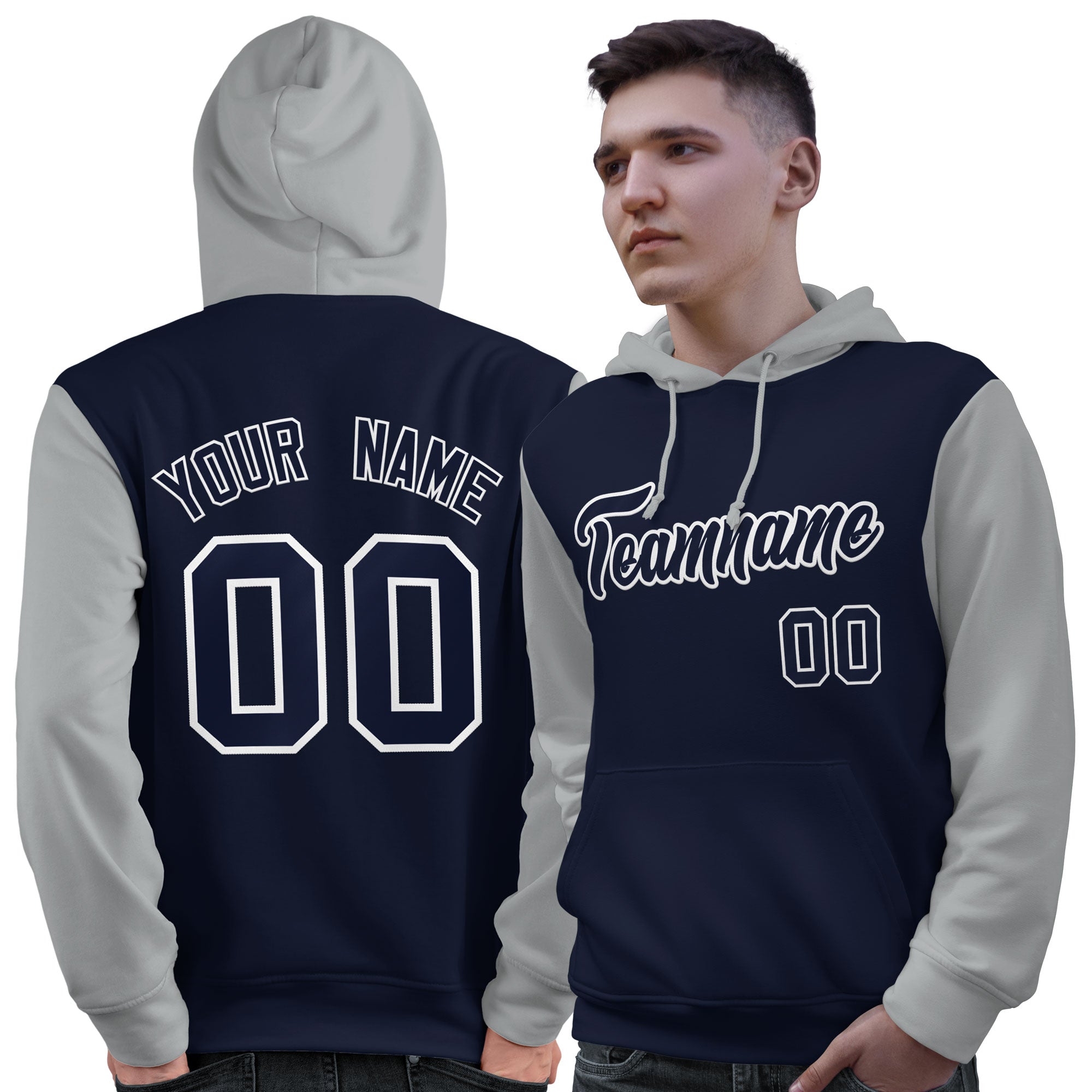 Custom Navy White-Gray Raglan Sleeves Pullover Personalized Sweatshirt Hoodie