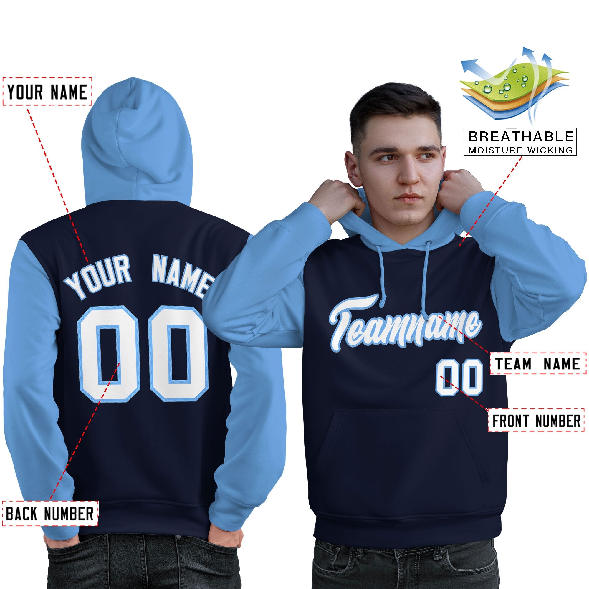 Custom Navy White-Light Blue Raglan Sleeves Pullover Personalized Sweatshirt Hoodie