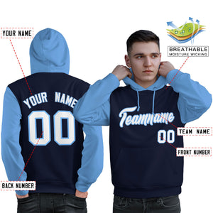 Custom Navy White-Light Blue Raglan Sleeves Pullover Personalized Sweatshirt Hoodie