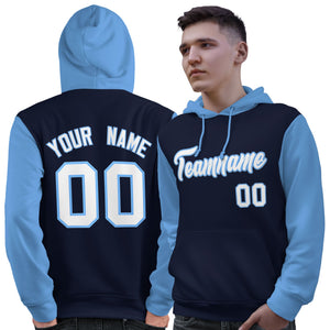 Custom Navy White-Light Blue Raglan Sleeves Pullover Personalized Sweatshirt Hoodie