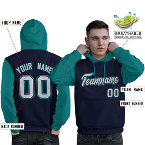 Custom Navy Gray-Aqua Raglan Sleeves Pullover Personalized Sweatshirt Hoodie