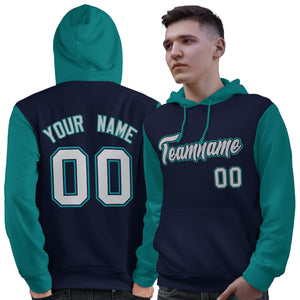 Custom Navy Gray-Aqua Raglan Sleeves Pullover Personalized Sweatshirt Hoodie