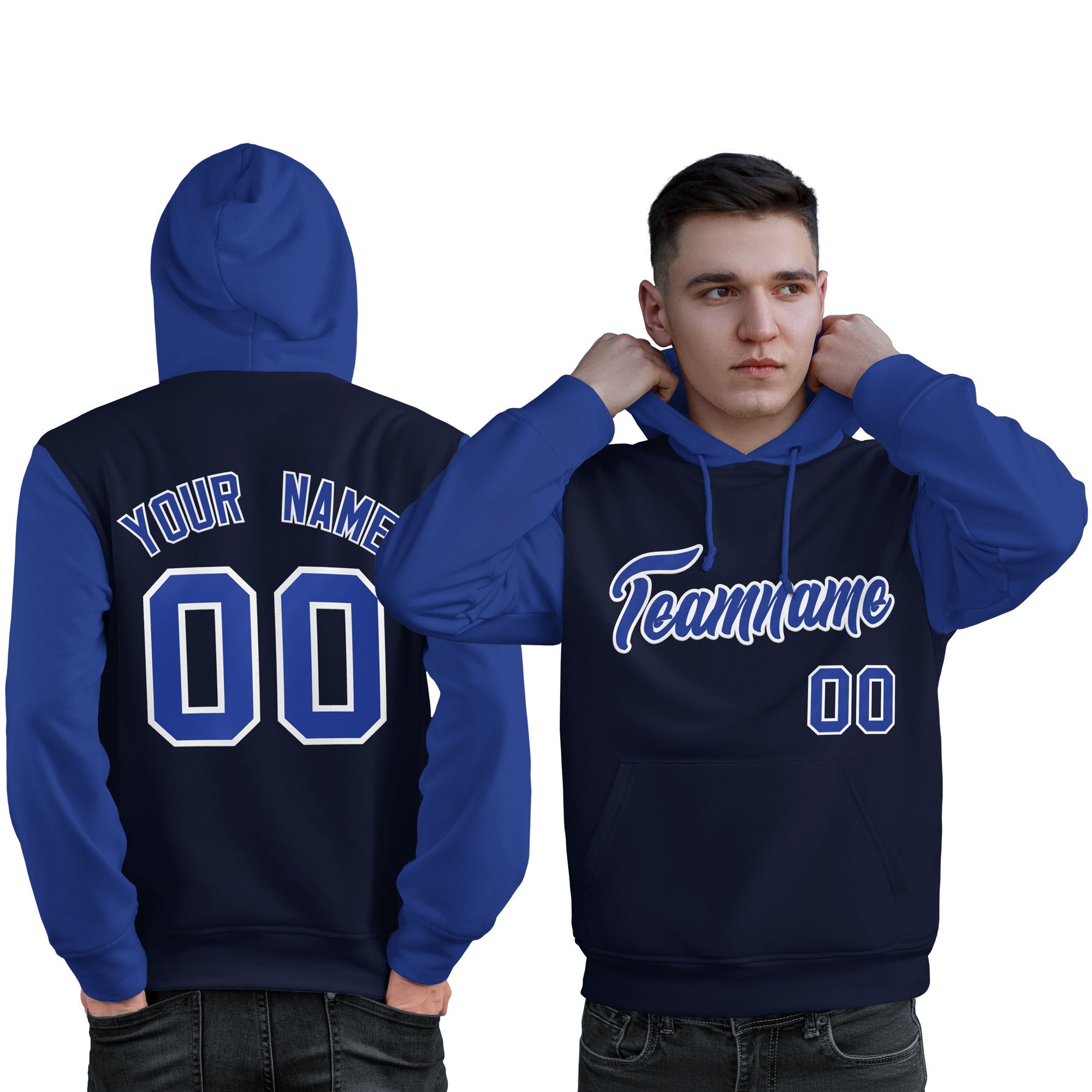 Custom Navy Royal-White Raglan Sleeves Pullover Personalized Sweatshirt Hoodie