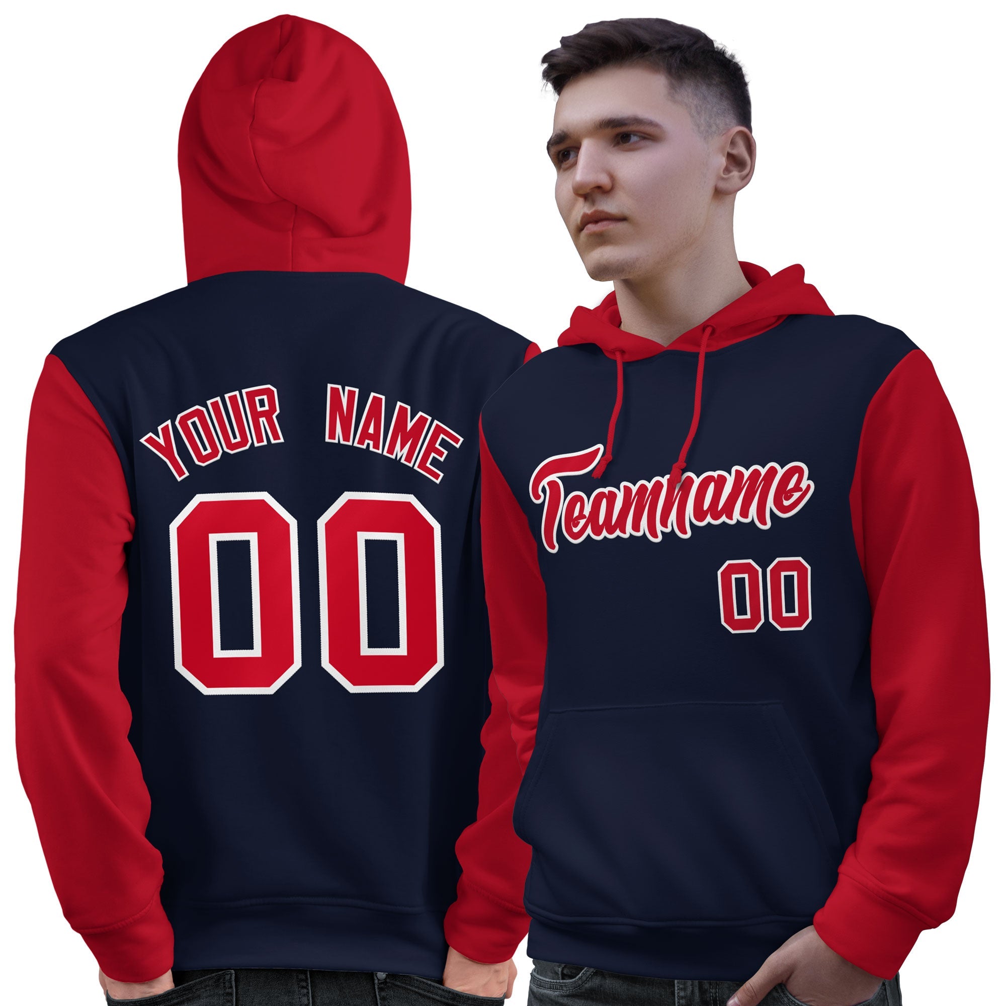 Custom Navy Red-White Raglan Sleeves Pullover Personalized Sweatshirt Hoodie