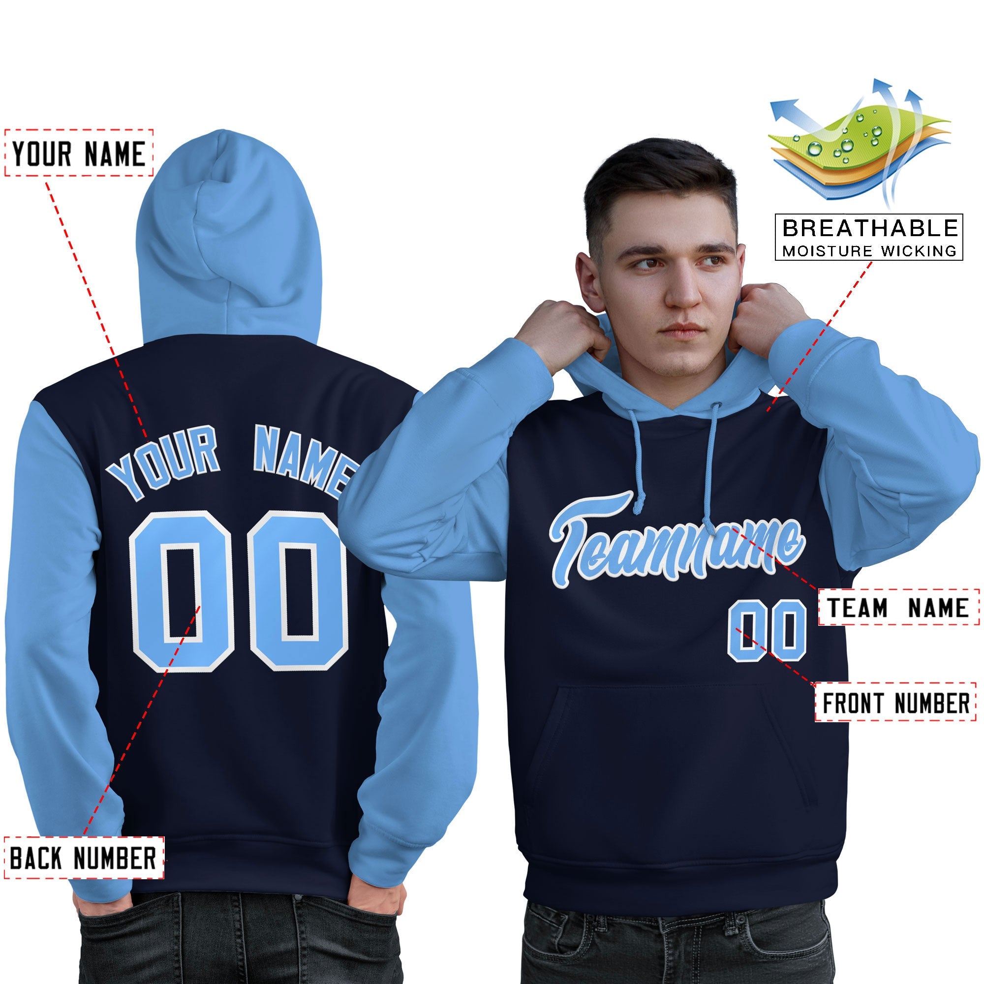 Custom Navy Lt Blue-White Raglan Sleeves Pullover Personalized Sweatshirt Hoodie