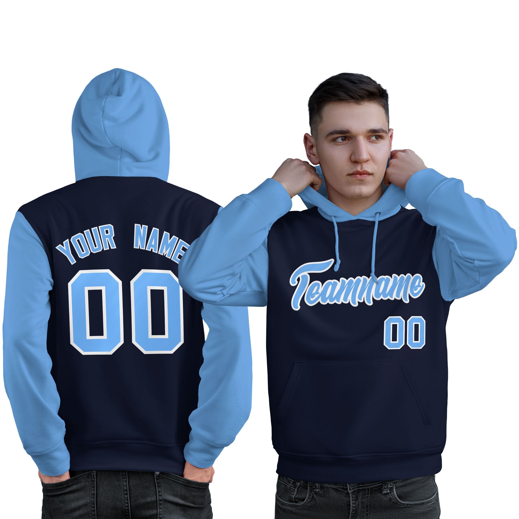 Custom Navy Lt Blue-White Raglan Sleeves Pullover Personalized Sweatshirt Hoodie