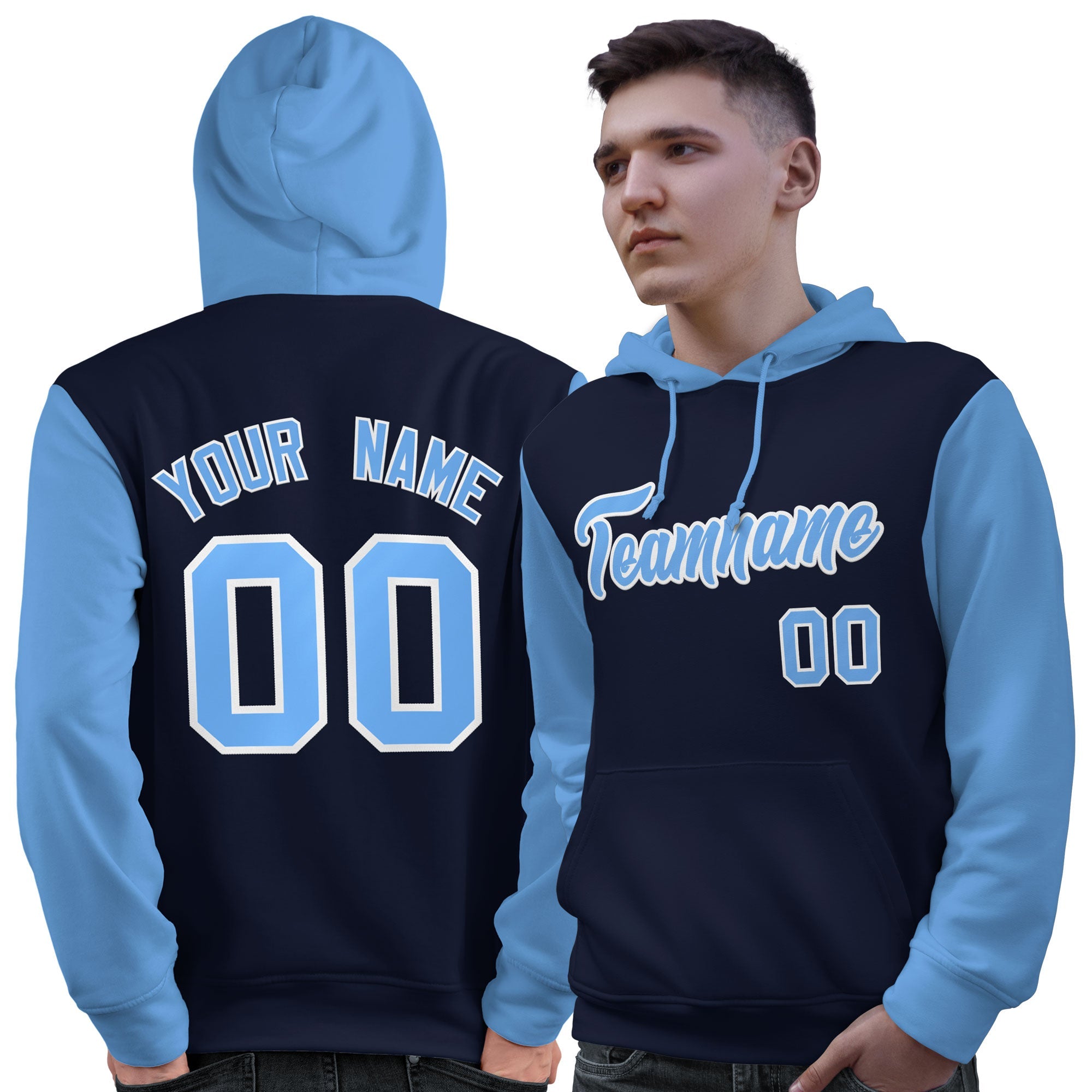 Custom Navy Lt Blue-White Raglan Sleeves Pullover Personalized Sweatshirt Hoodie