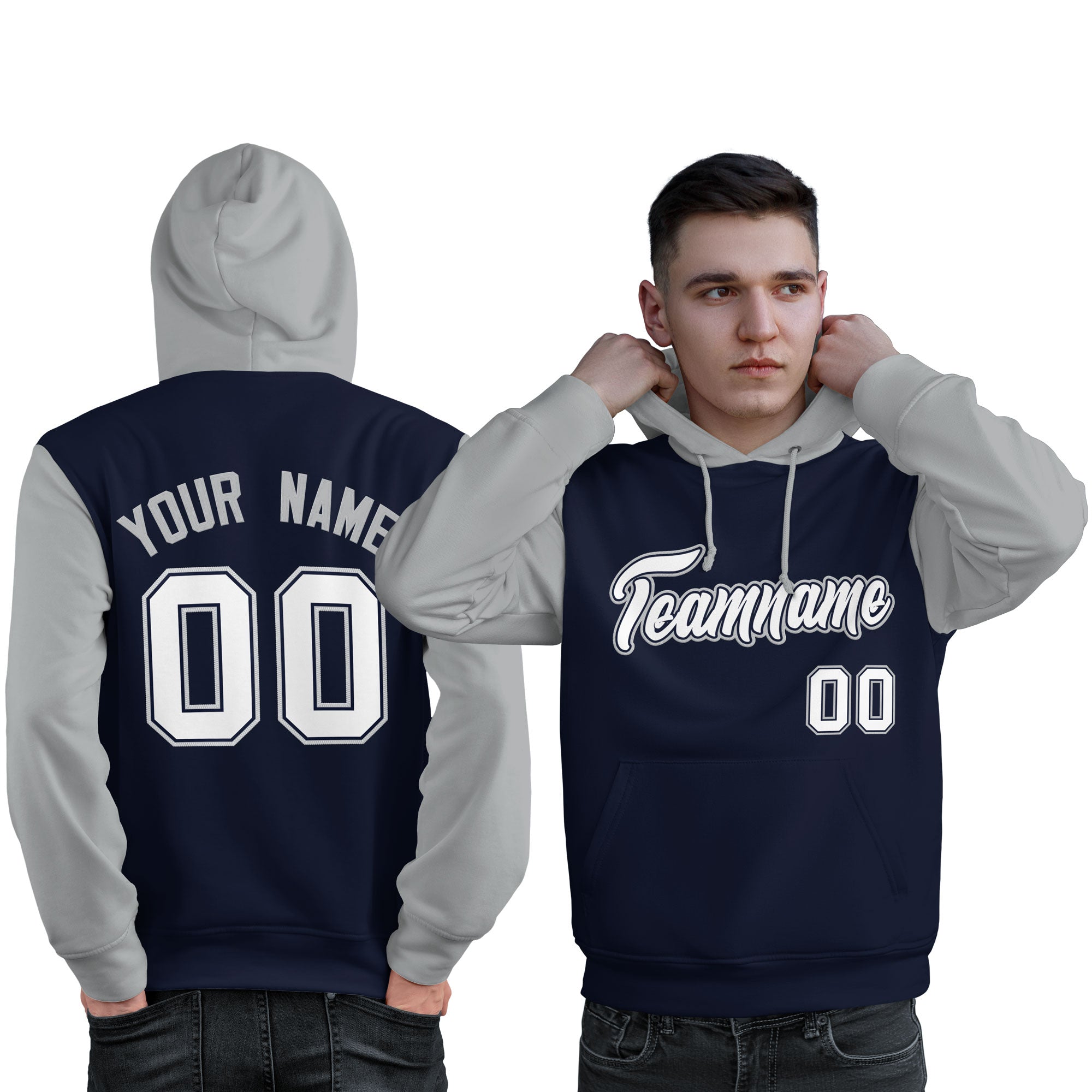 Custom Navy White-Gray Raglan Sleeves Pullover Personalized Sweatshirt Hoodie