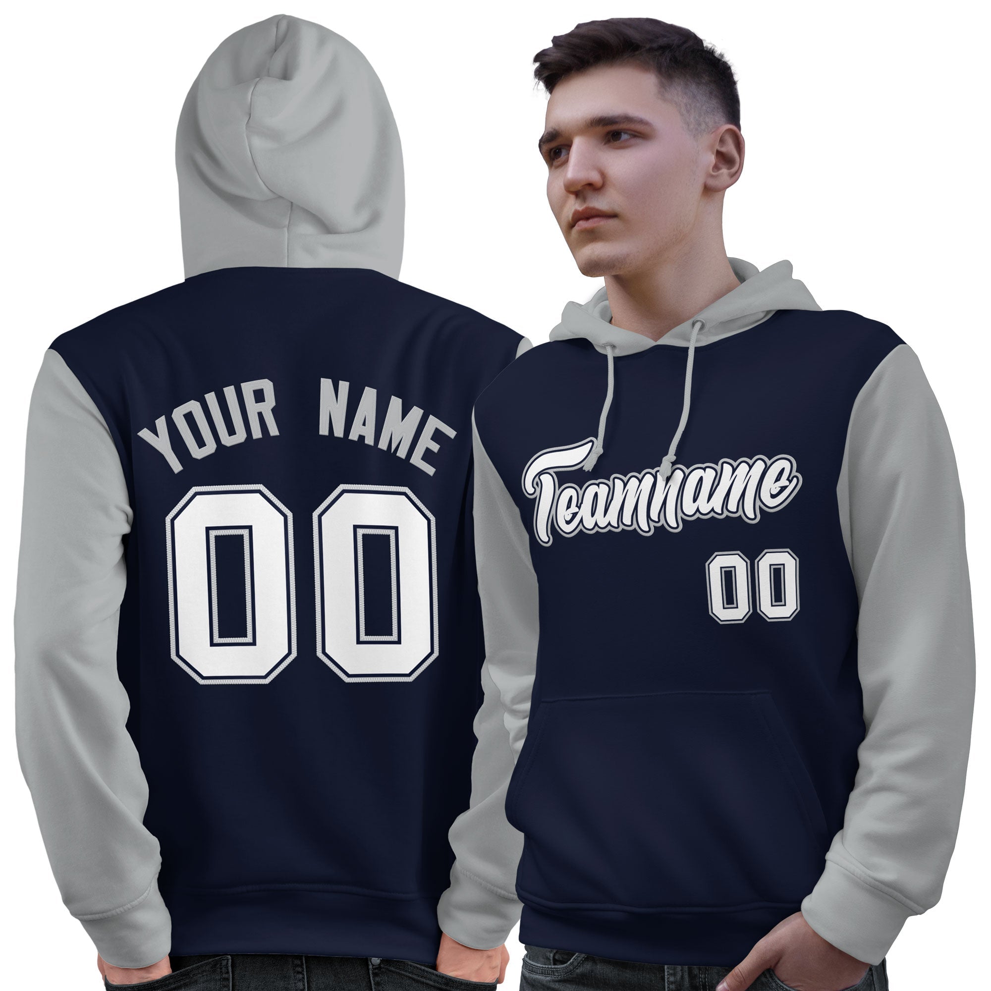 Custom Navy White-Gray Raglan Sleeves Pullover Personalized Sweatshirt Hoodie