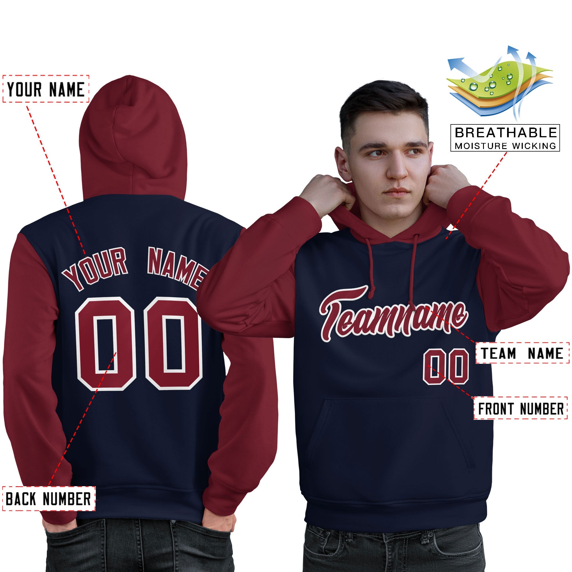 Custom Navy Crimson-White Raglan Sleeves Pullover Personalized Sweatshirt Hoodie