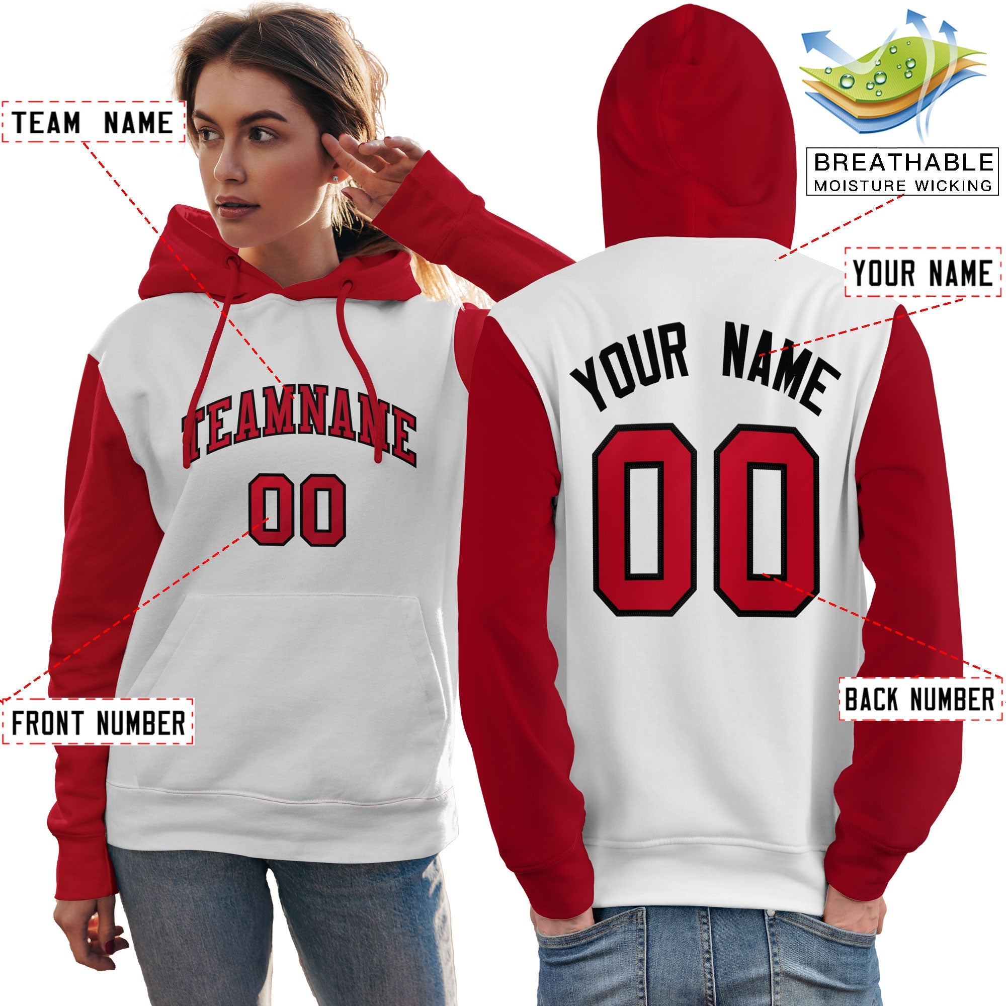 Custom White Red-Black Raglan Sleeves Pullover Personalized Team Sweatshirt Hoodie