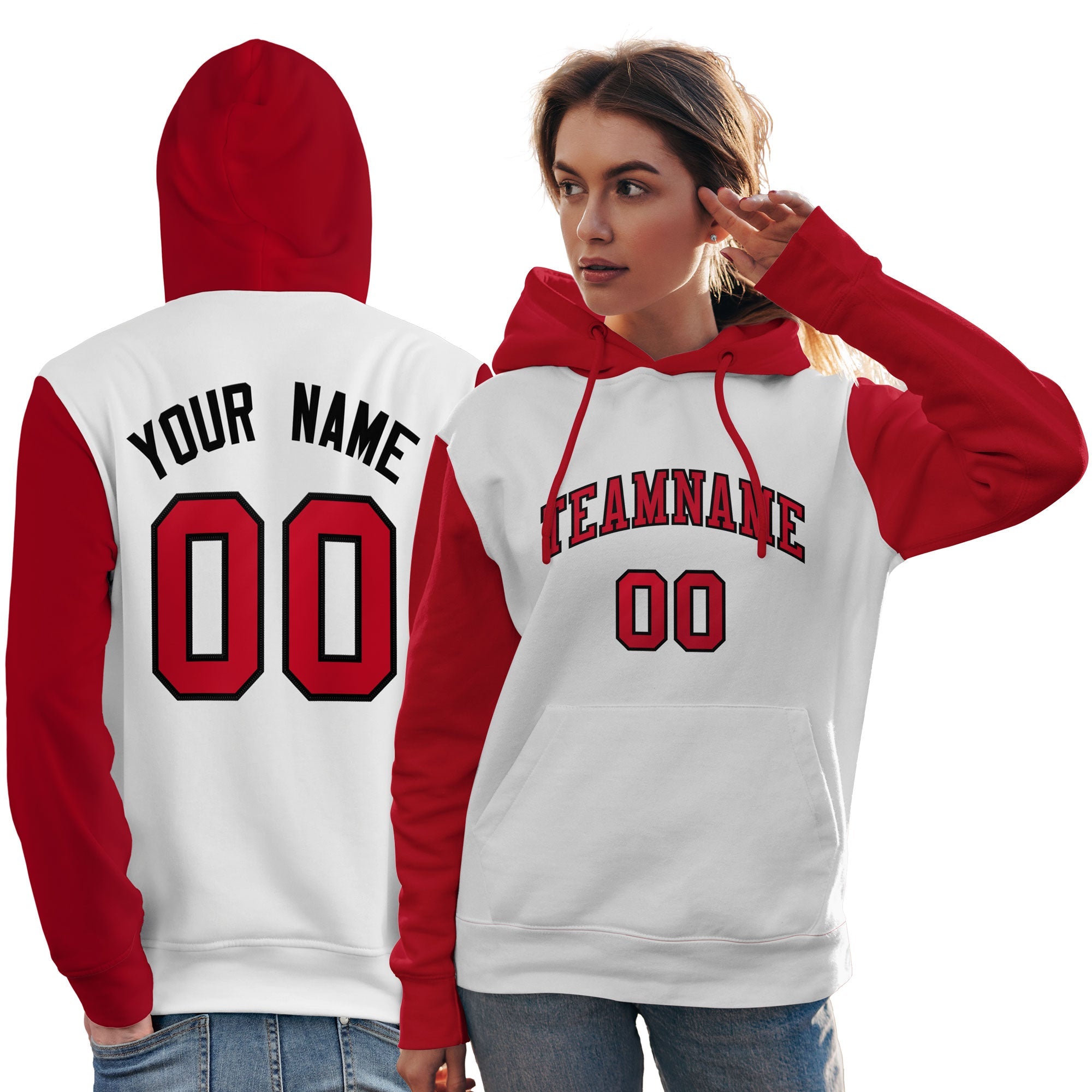 Custom White Red-Black Raglan Sleeves Pullover Personalized Team Sweatshirt Hoodie