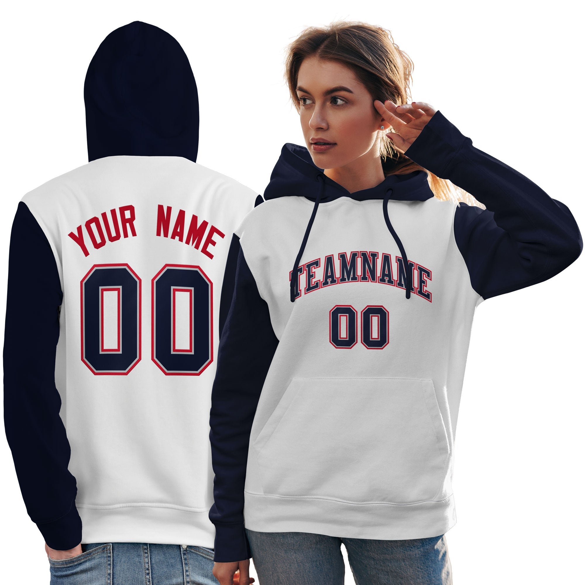 Custom White Navy-Red Raglan Sleeves Pullover Personalized Team Sweatshirt Hoodie