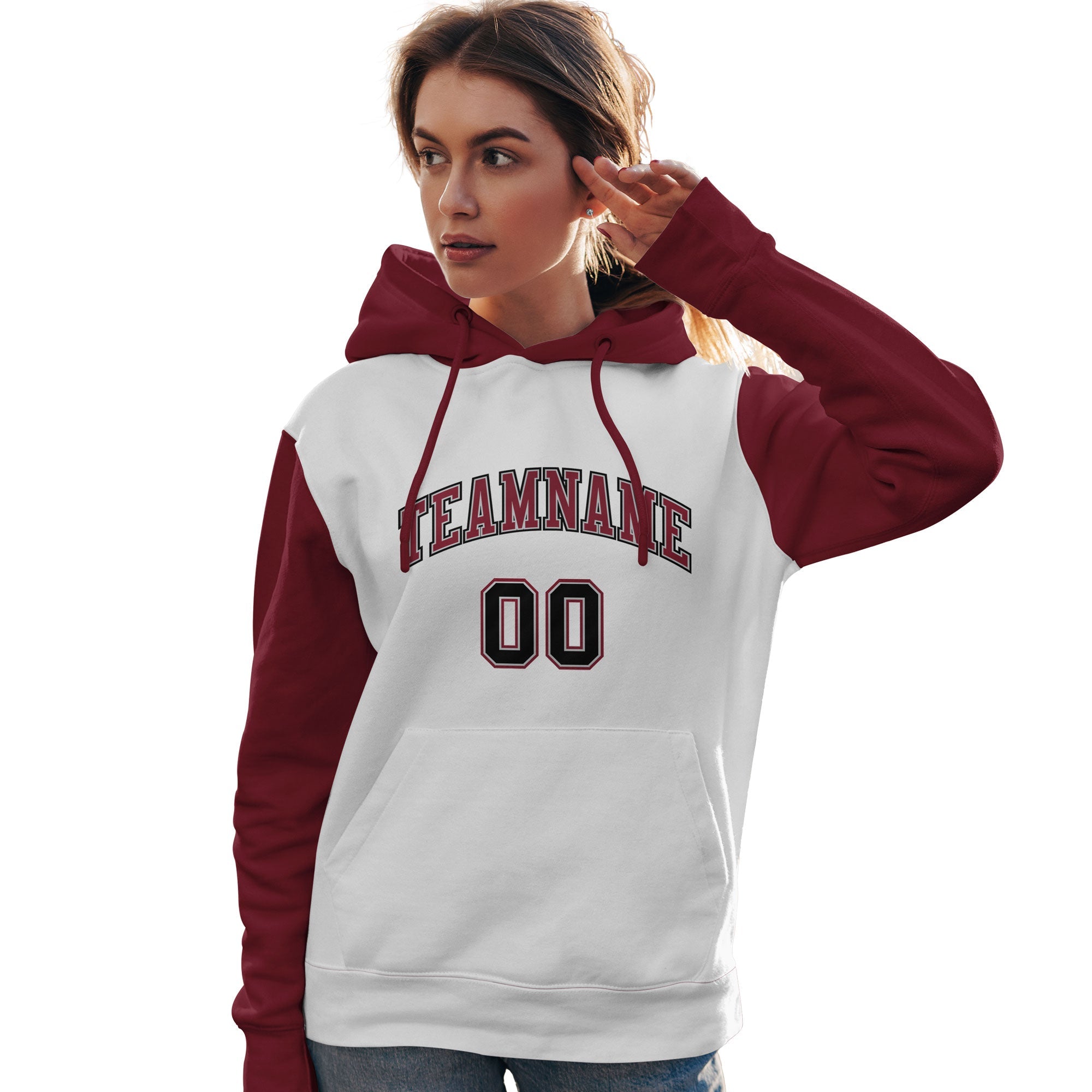 Custom White Crimson-Black Raglan Sleeves Pullover Personalized Team Sweatshirt Hoodie