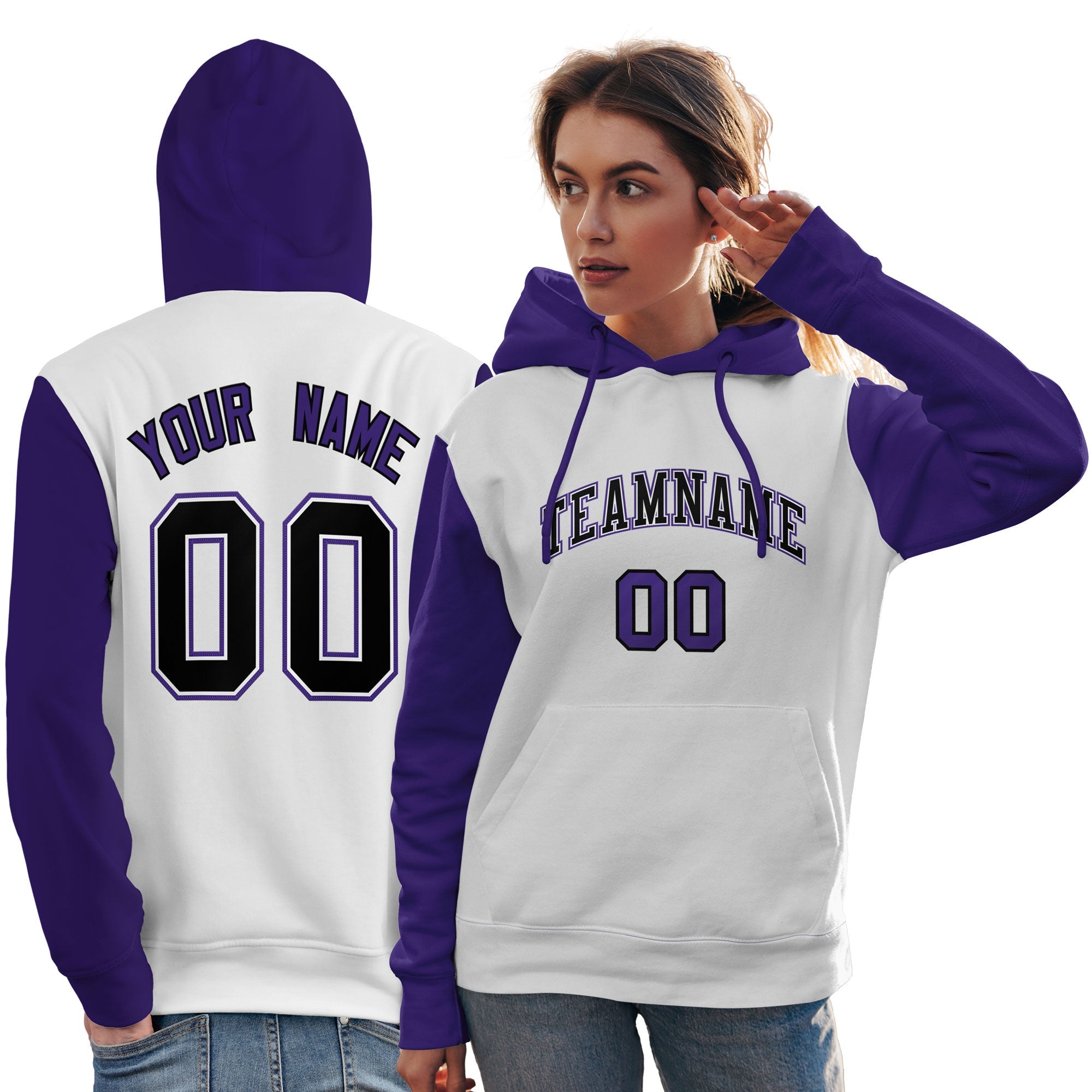 Custom White Black-Purple Raglan Sleeves Pullover Personalized Team Sweatshirt Hoodie