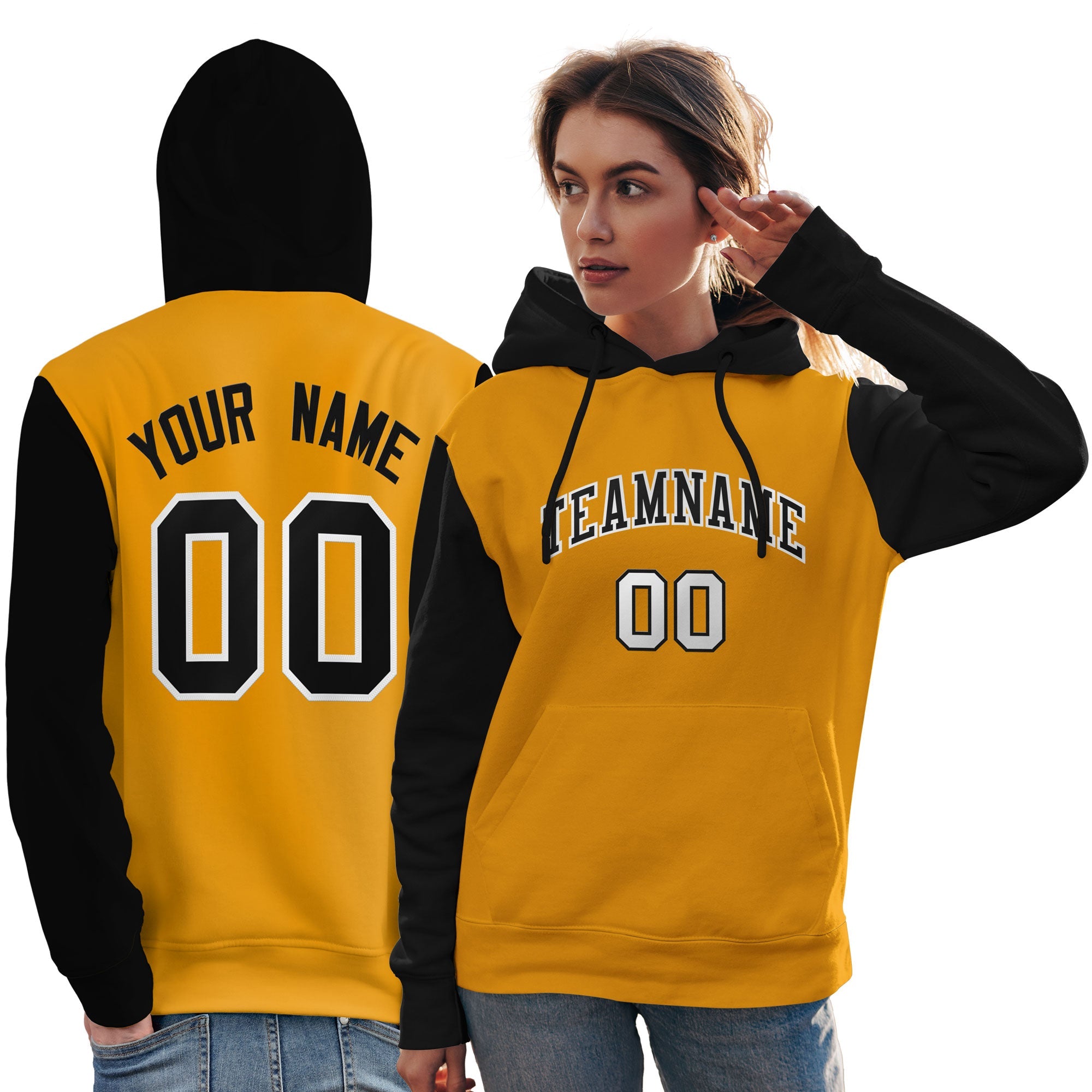 Custom Gold Black-White Raglan Sleeves Pullover Personalized Team Sweatshirt Hoodie