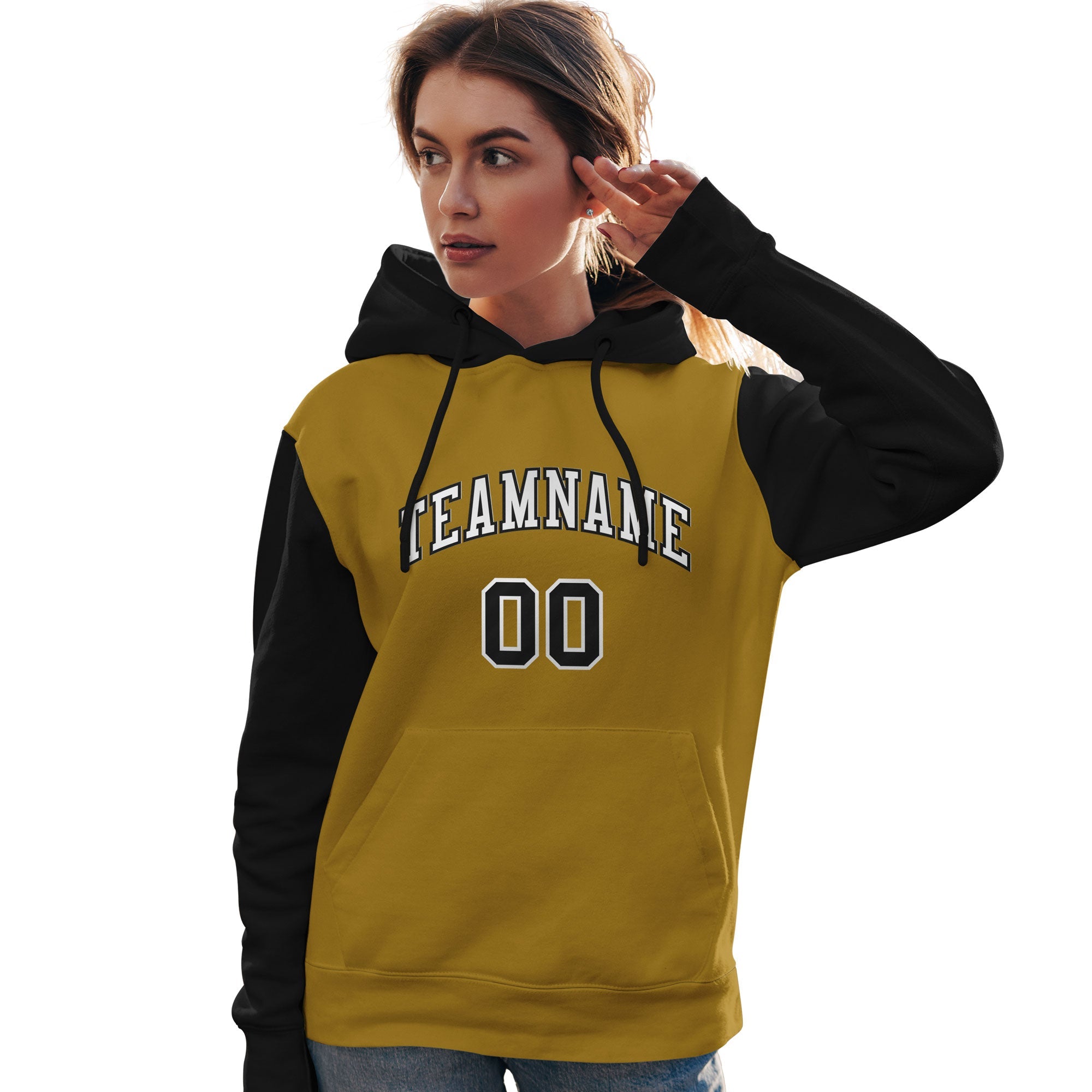 Custom Old Gold White-Black Raglan Sleeves Pullover Personalized Team Sweatshirt Hoodie