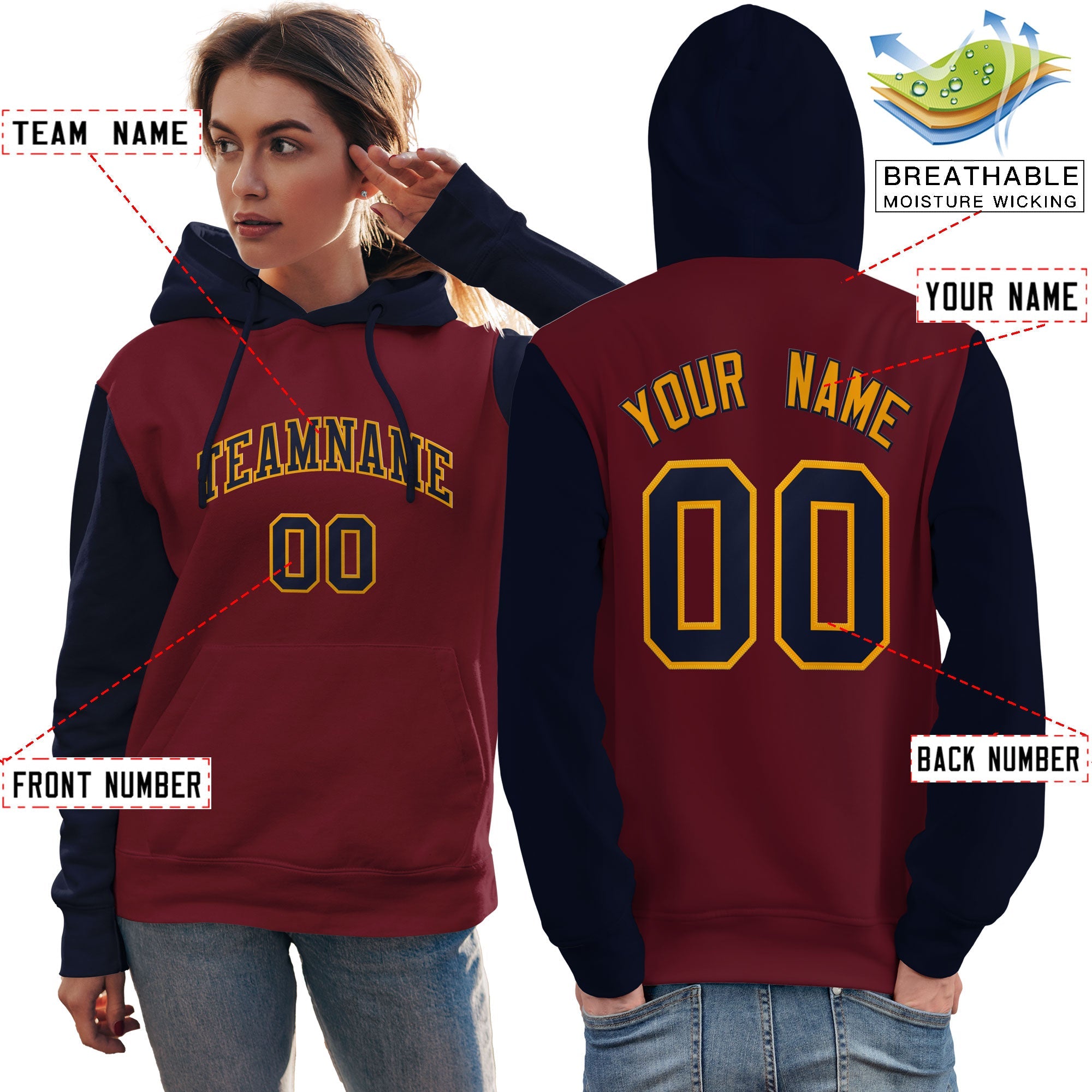 Custom Crimson Navy-Gold Raglan Sleeves Pullover Personalized Team Sweatshirt Hoodie