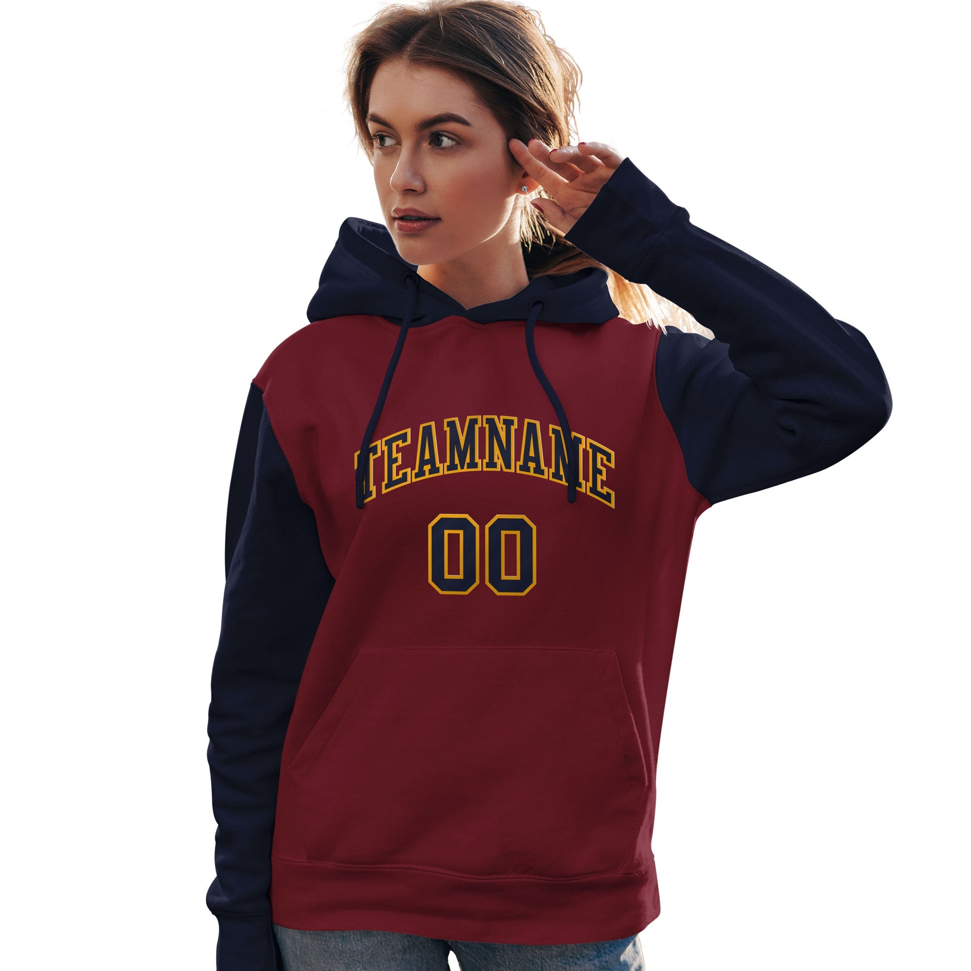 Custom Crimson Navy-Gold Raglan Sleeves Pullover Personalized Team Sweatshirt Hoodie