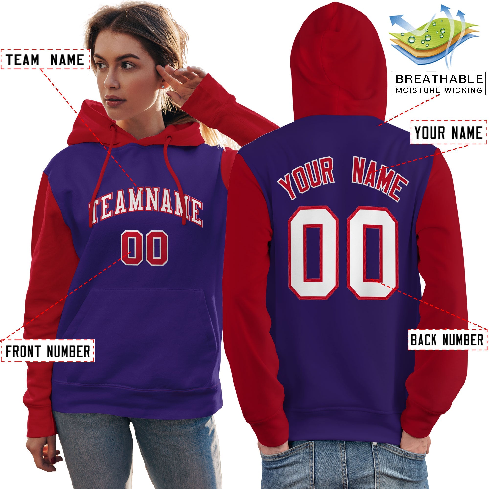 Custom Purple White-Red Raglan Sleeves Pullover Personalized Team Sweatshirt Hoodie