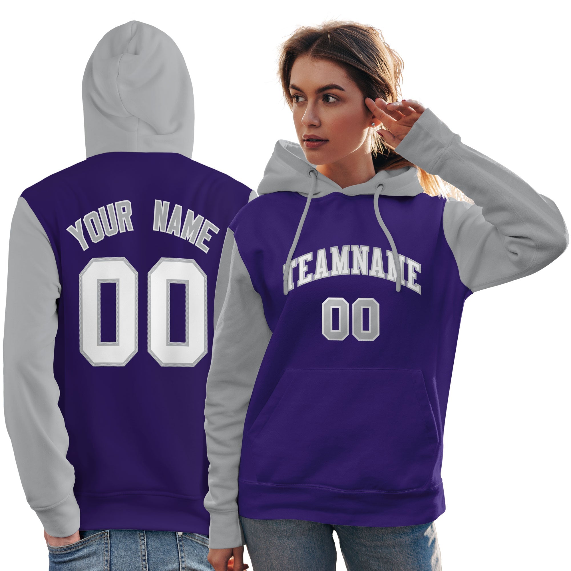 Custom Purple White-Gray Raglan Sleeves Pullover Personalized Team Sweatshirt Hoodie