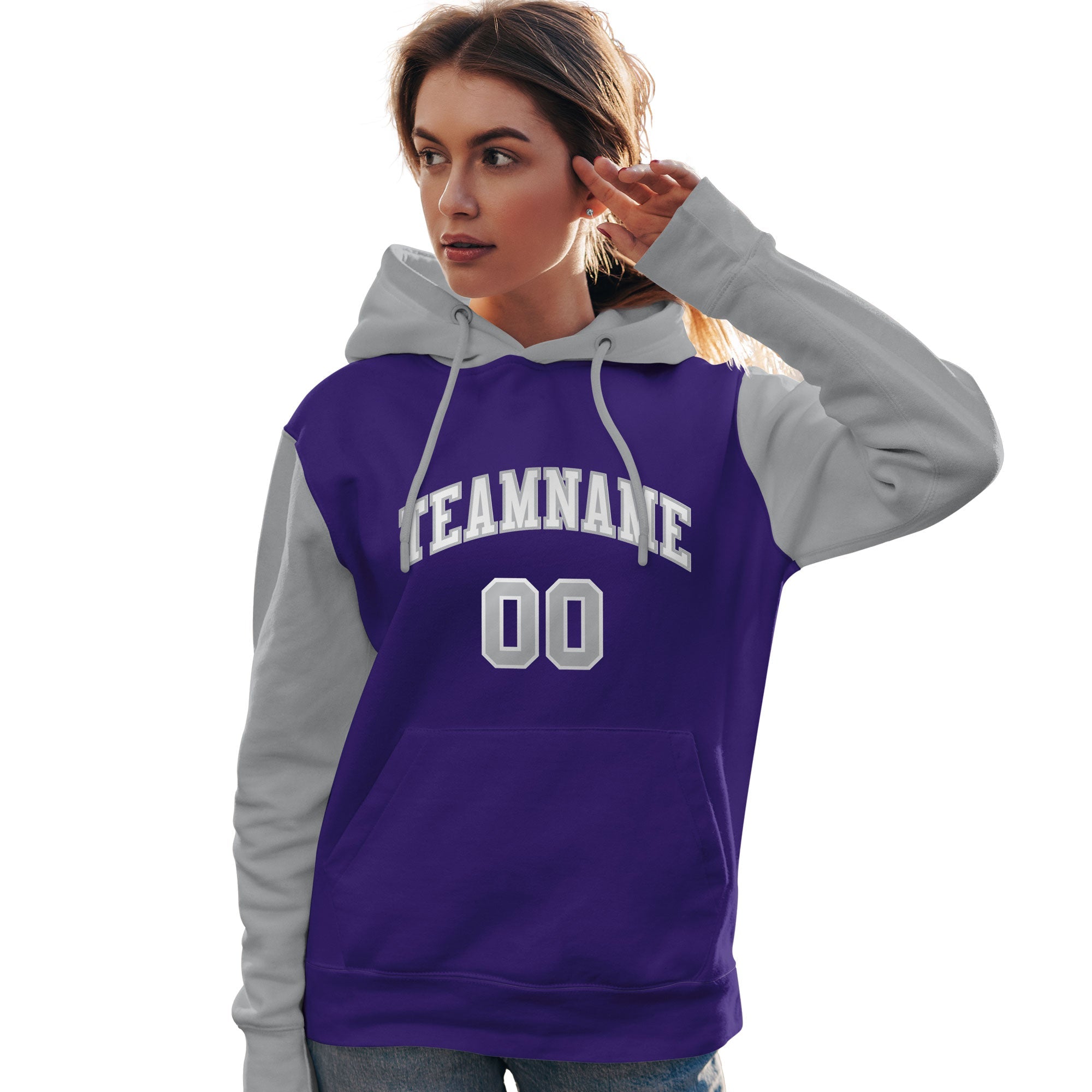 Custom Purple White-Gray Raglan Sleeves Pullover Personalized Team Sweatshirt Hoodie