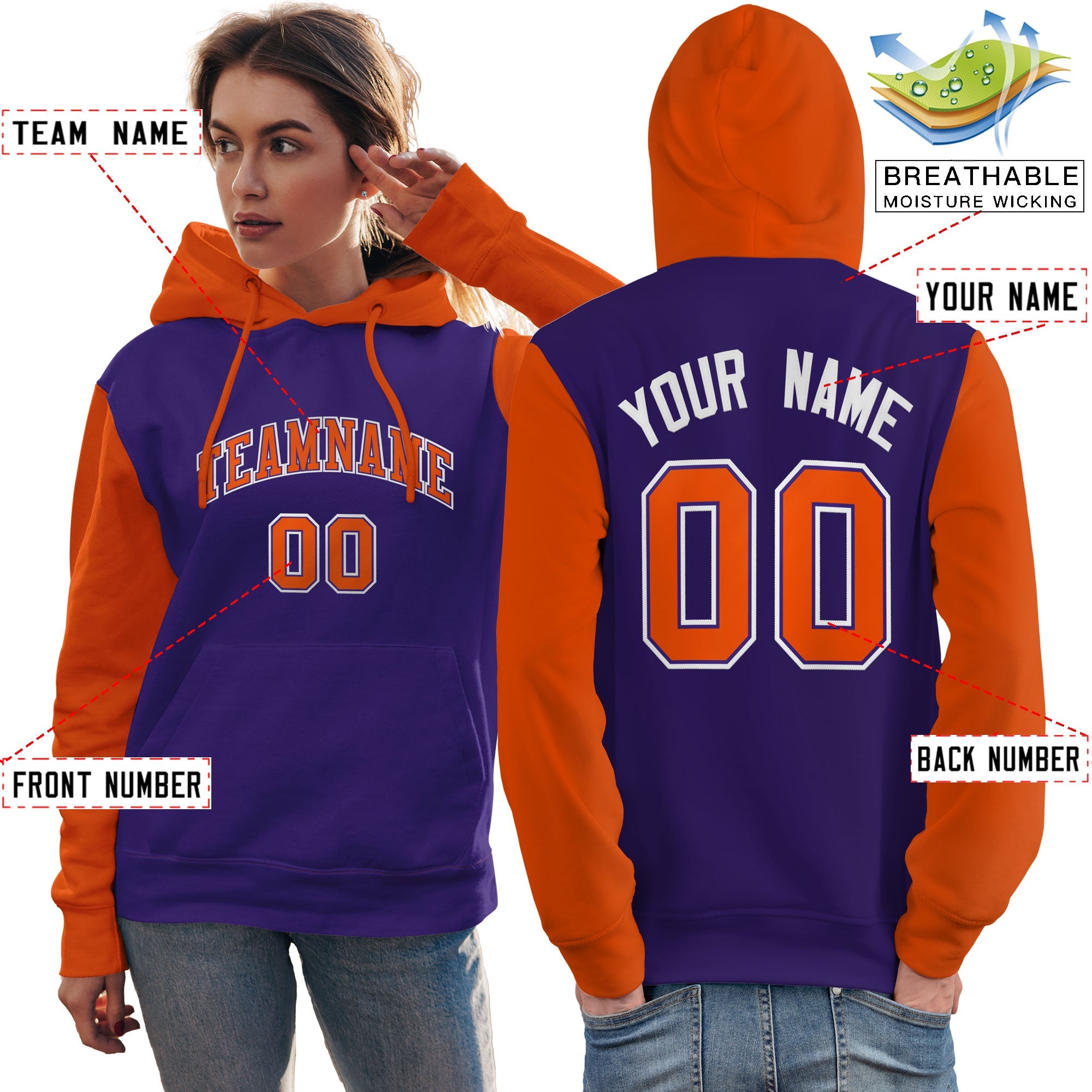 Custom Purple Orange-White Raglan Sleeves Pullover Personalized Team Sweatshirt Hoodie