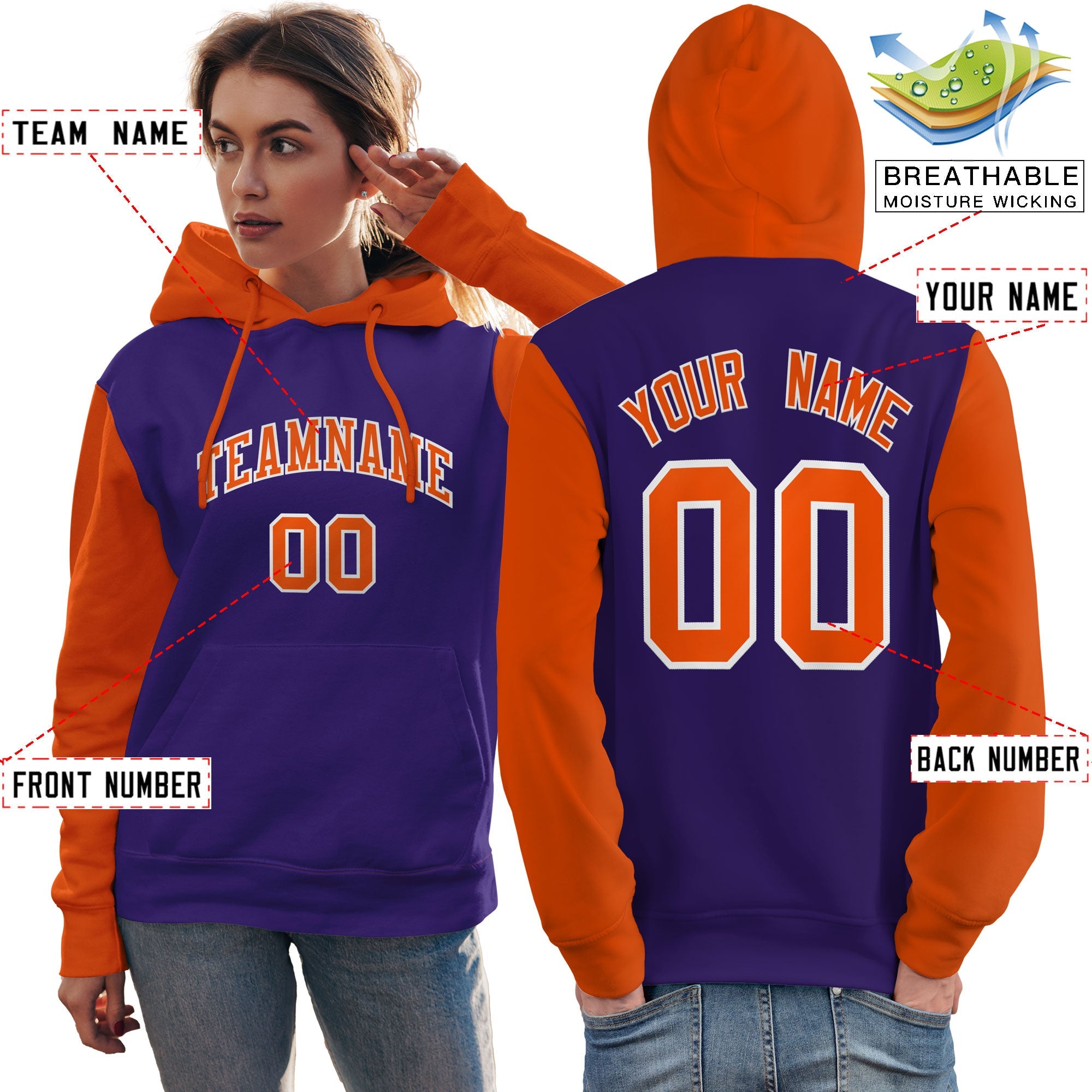 Custom Purple Orange-White Raglan Sleeves Pullover Personalized Team Sweatshirt Hoodie