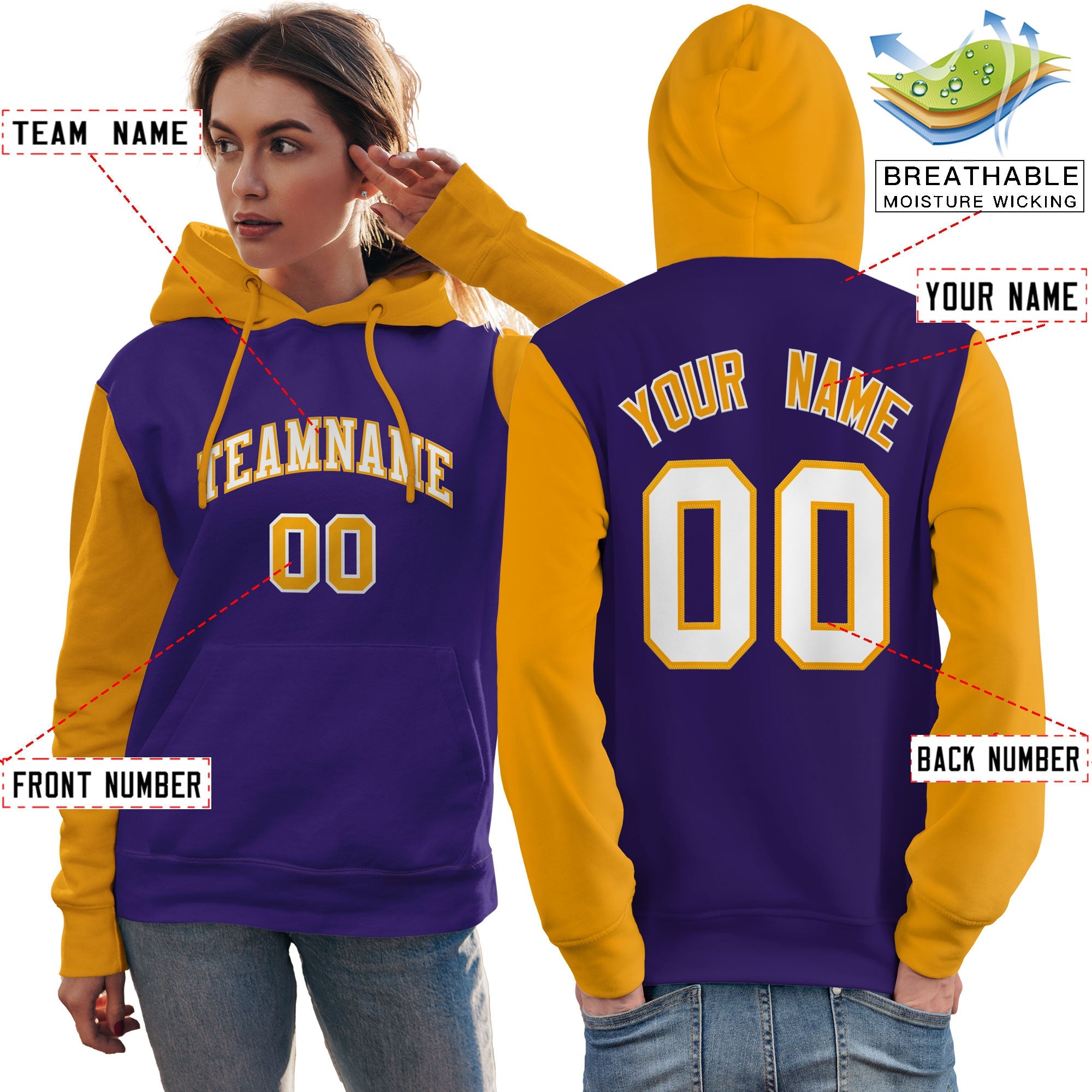 Custom Purple White-Gold Raglan Sleeves Pullover Personalized Team Sweatshirt Hoodie