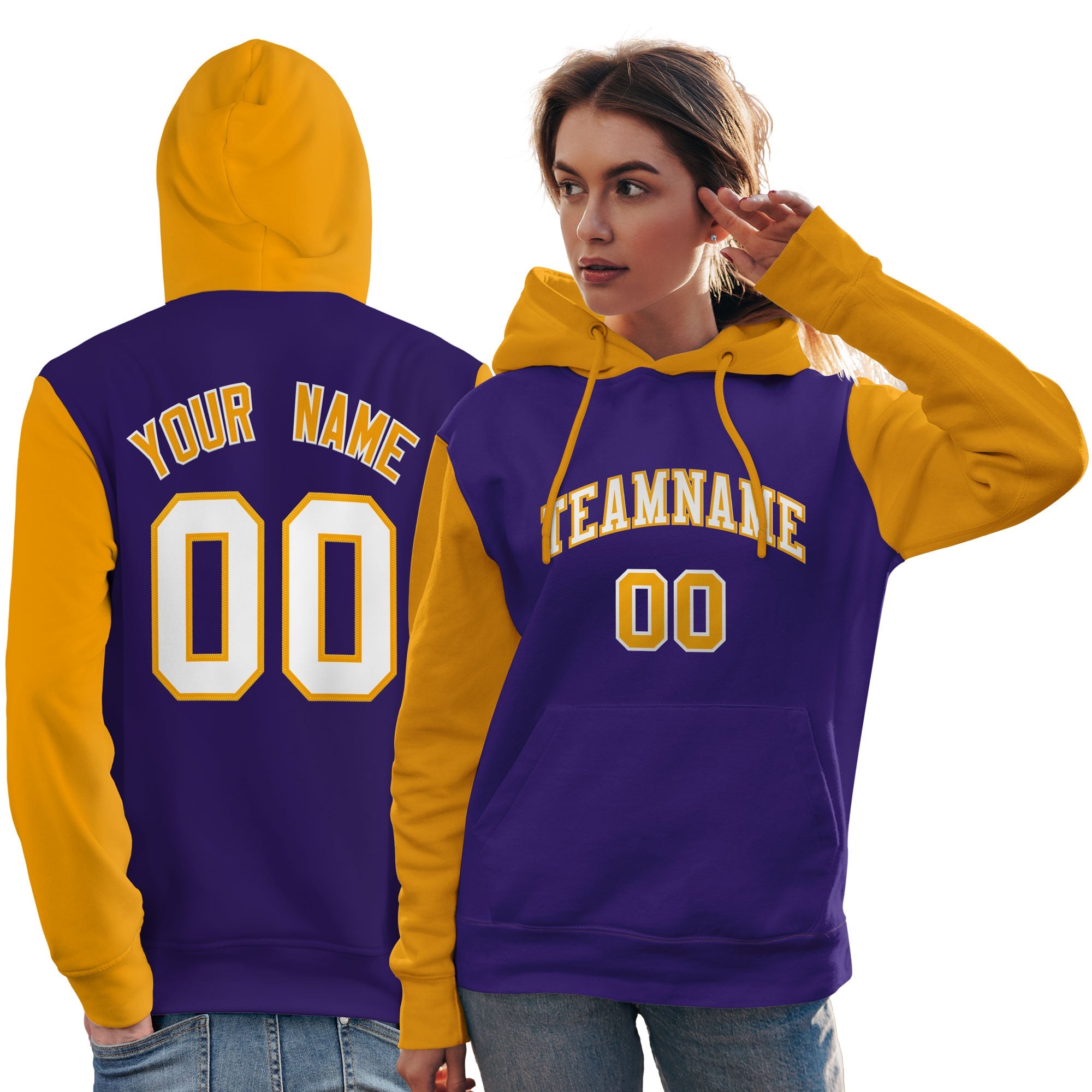 Custom Purple White-Gold Raglan Sleeves Pullover Personalized Team Sweatshirt Hoodie