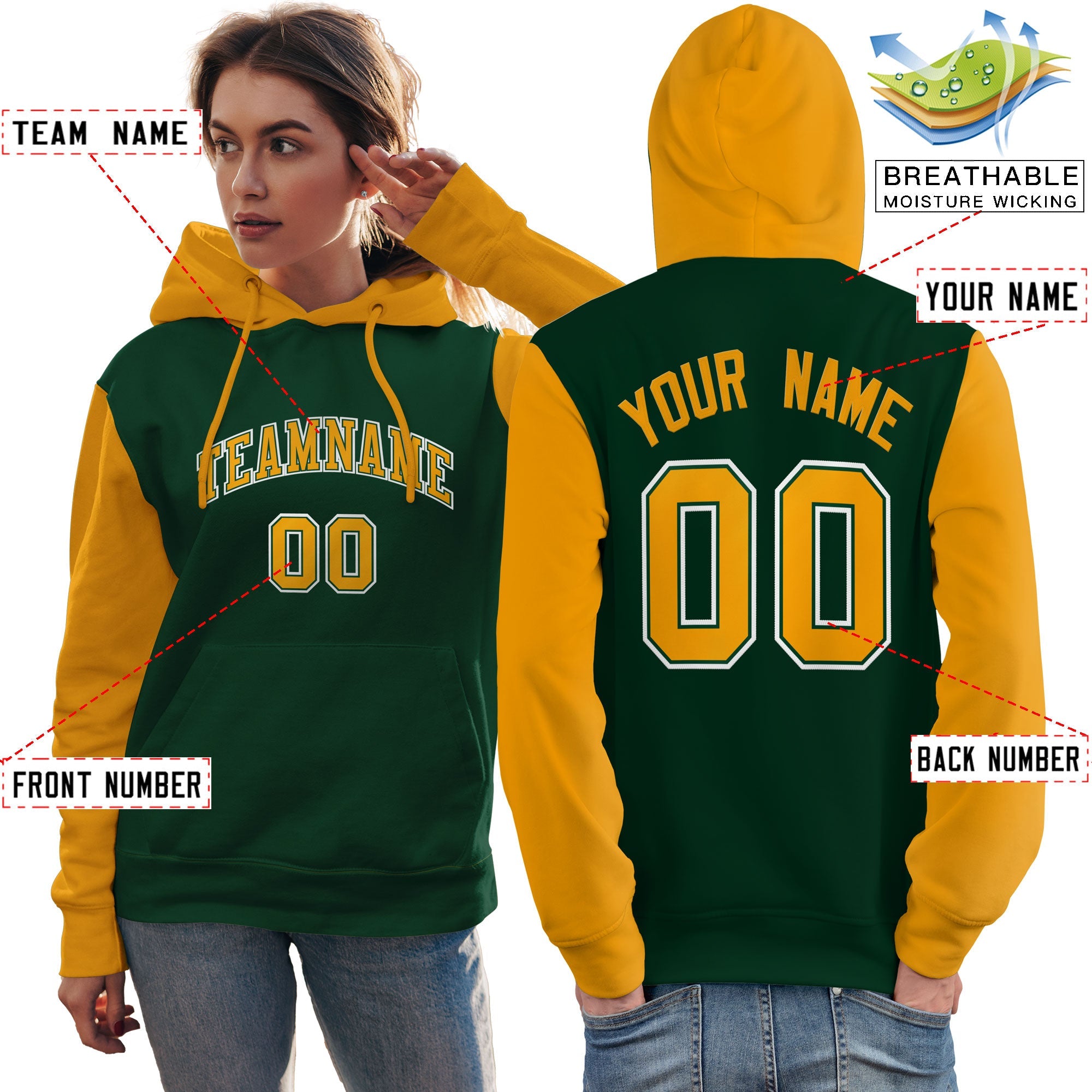 Custom Green Gold-White Raglan Sleeves Pullover Personalized Team Sweatshirt Hoodie