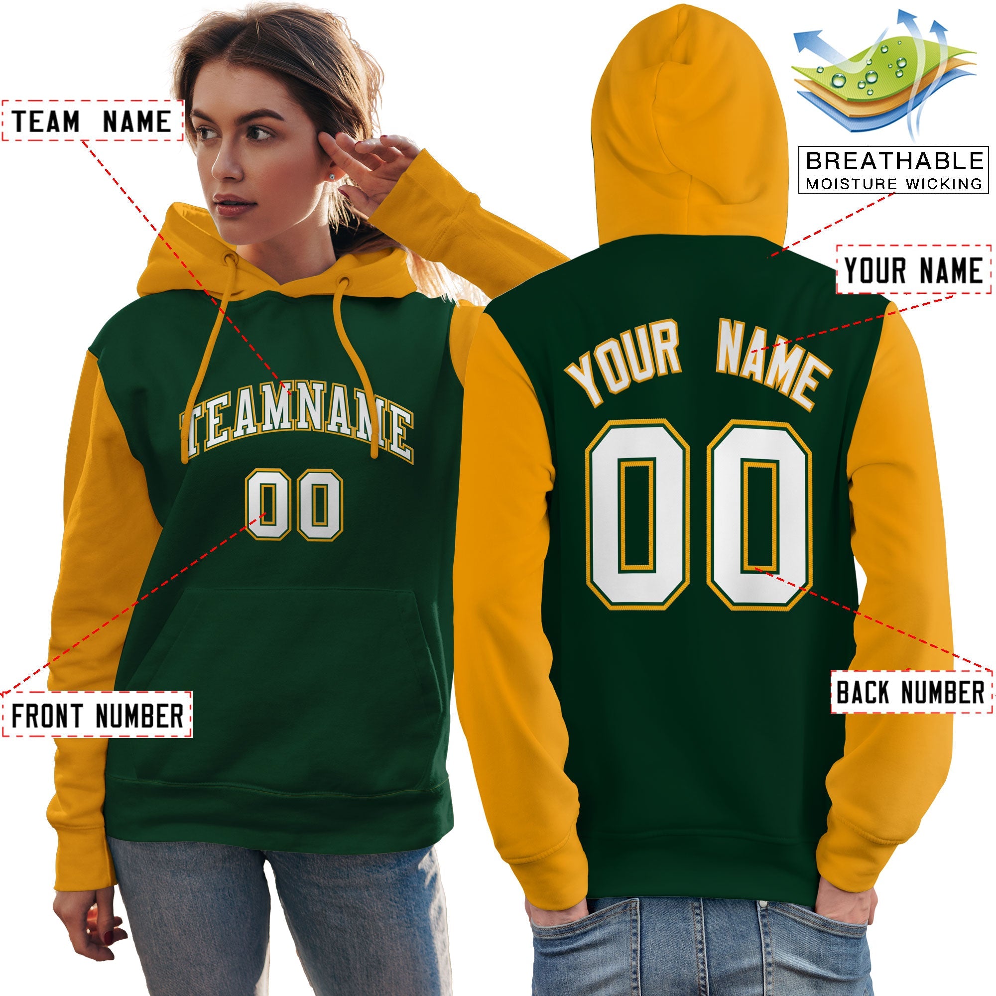 Custom Green White-Gold Raglan Sleeves Pullover Personalized Team Sweatshirt Hoodie