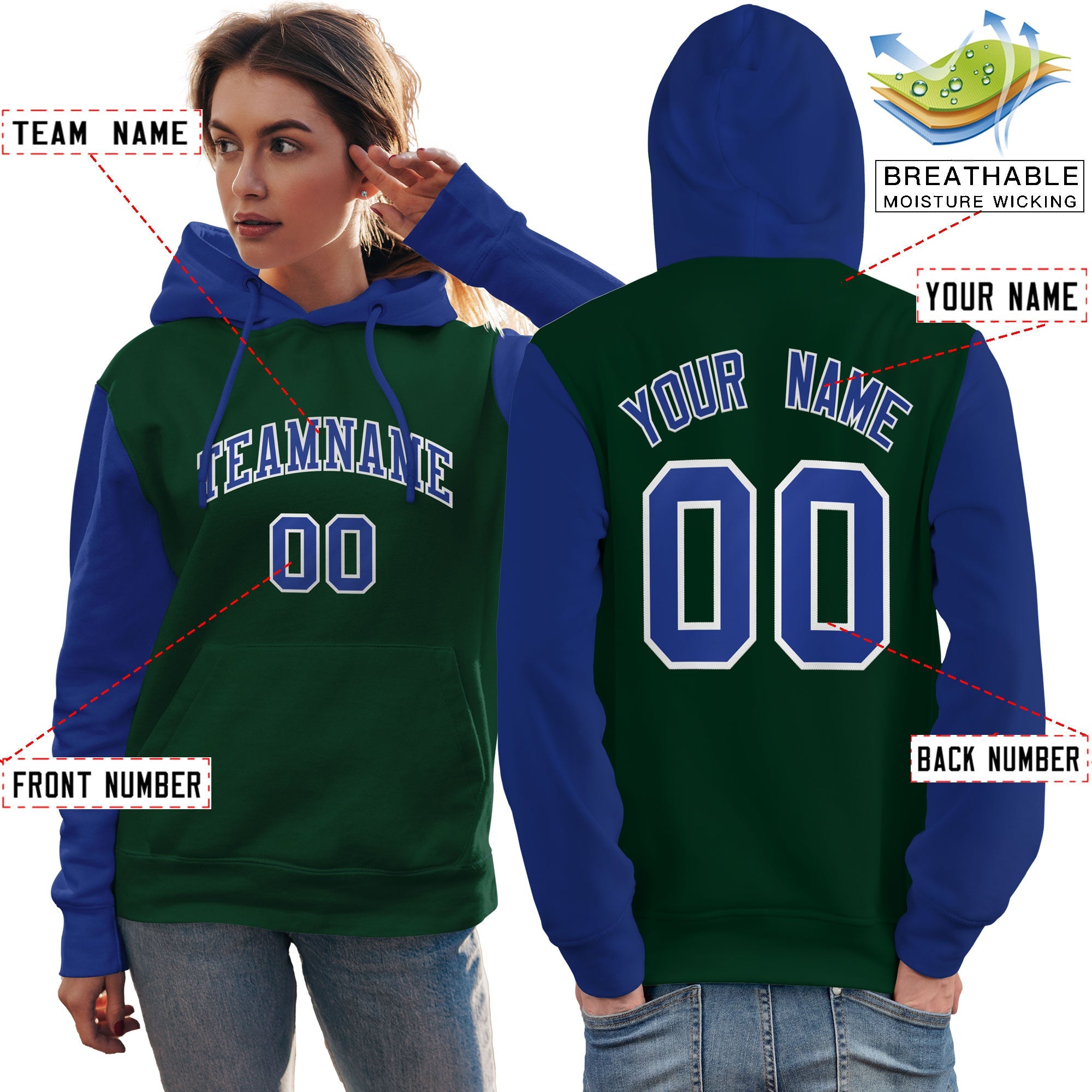 Custom Green Royal-White Raglan Sleeves Pullover Personalized Team Sweatshirt Hoodie