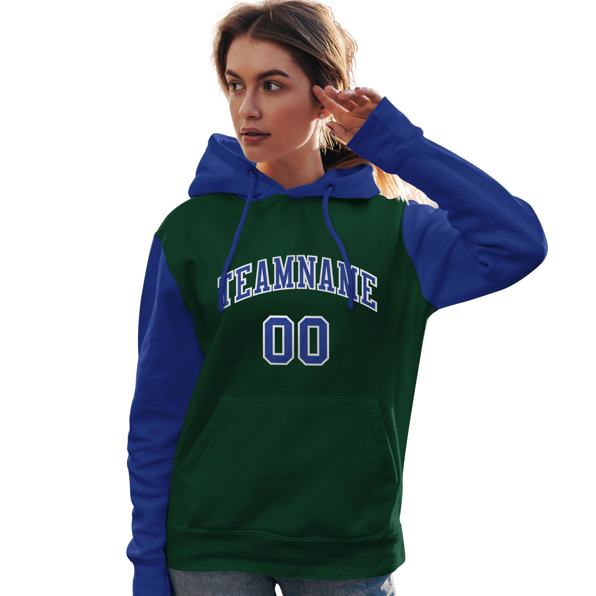 Custom Green Royal-White Raglan Sleeves Pullover Personalized Team Sweatshirt Hoodie