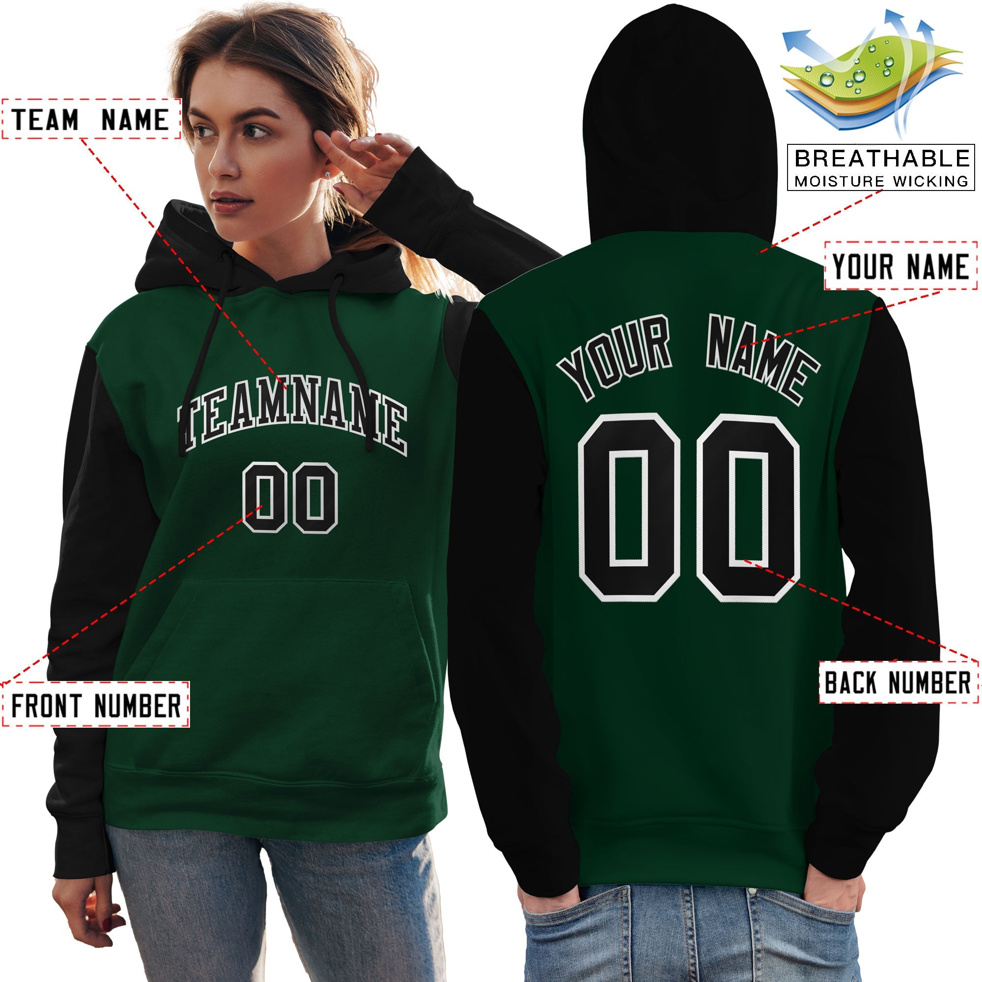 Custom Green Black-White Raglan Sleeves Pullover Personalized Team Sweatshirt Hoodie