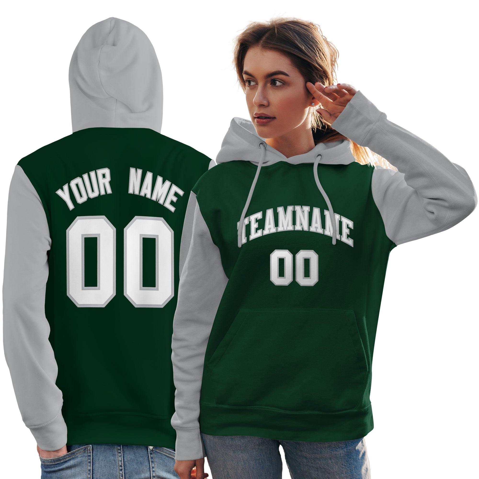 Custom Green White-Gray Raglan Sleeves Pullover Personalized Team Sweatshirt Hoodie