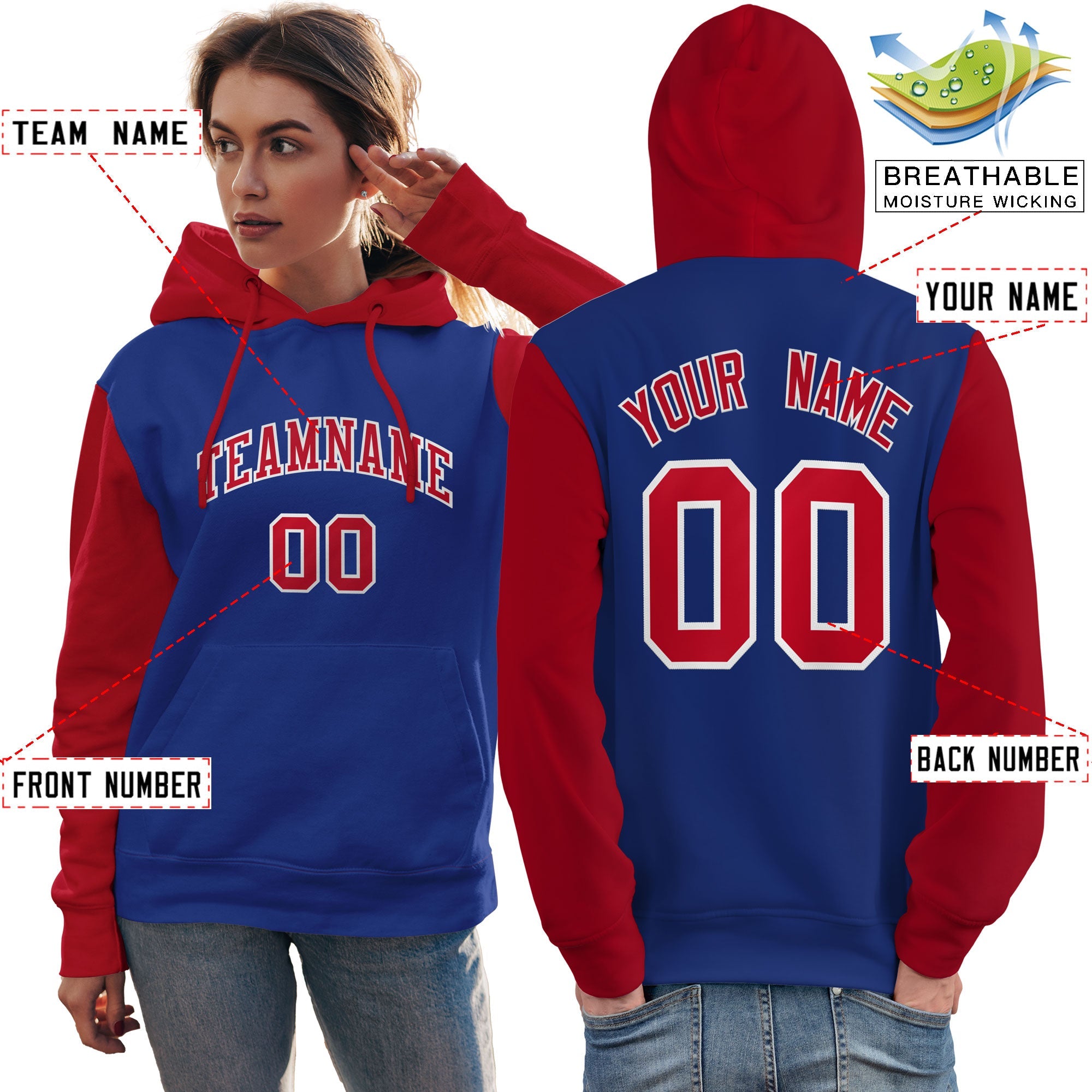 Custom Royal Red-White Raglan Sleeves Pullover Personalized Team Sweatshirt Hoodie