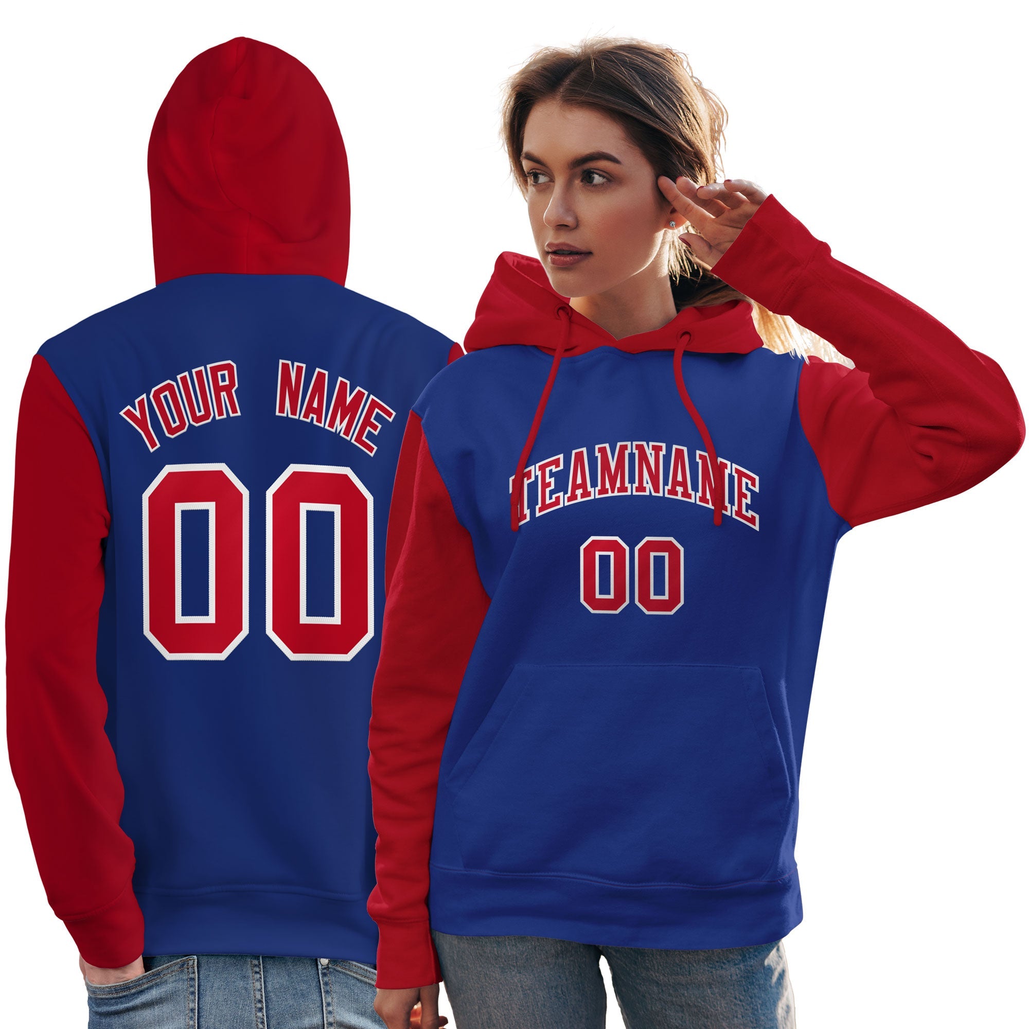 Custom Royal Red-White Raglan Sleeves Pullover Personalized Team Sweatshirt Hoodie