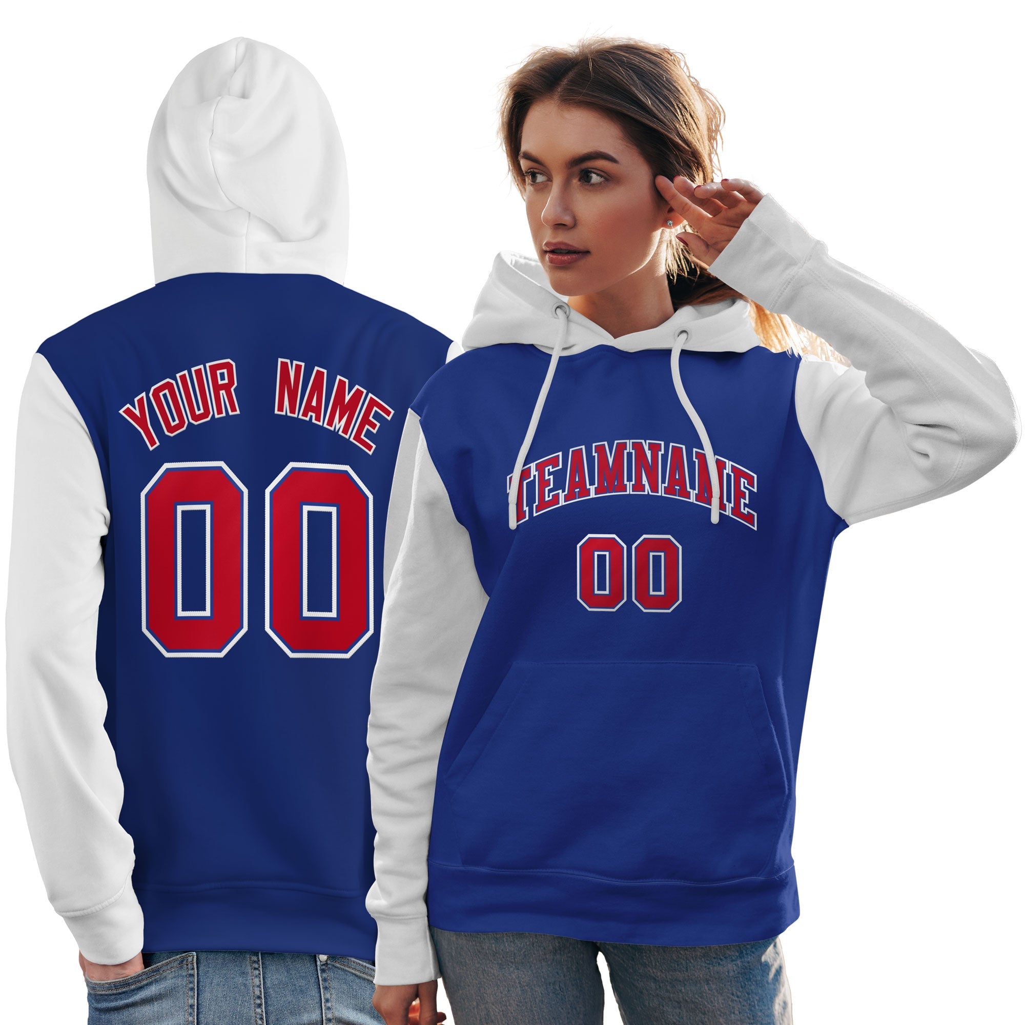 Custom Royal Red-White Raglan Sleeves Pullover Personalized Team Sweatshirt Hoodie