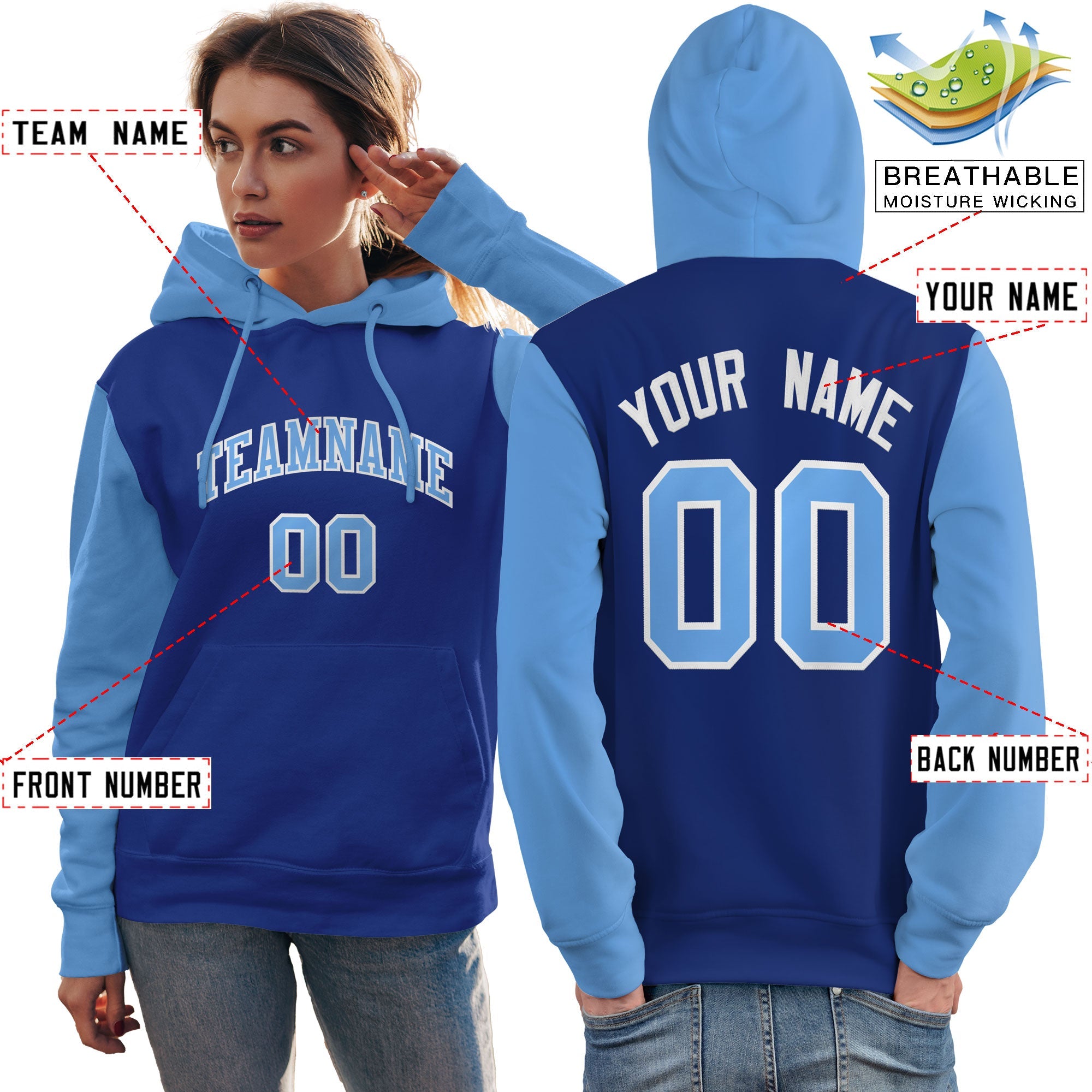 Custom Royal Light Blue-White Raglan Sleeves Pullover Personalized Team Sweatshirt Hoodie